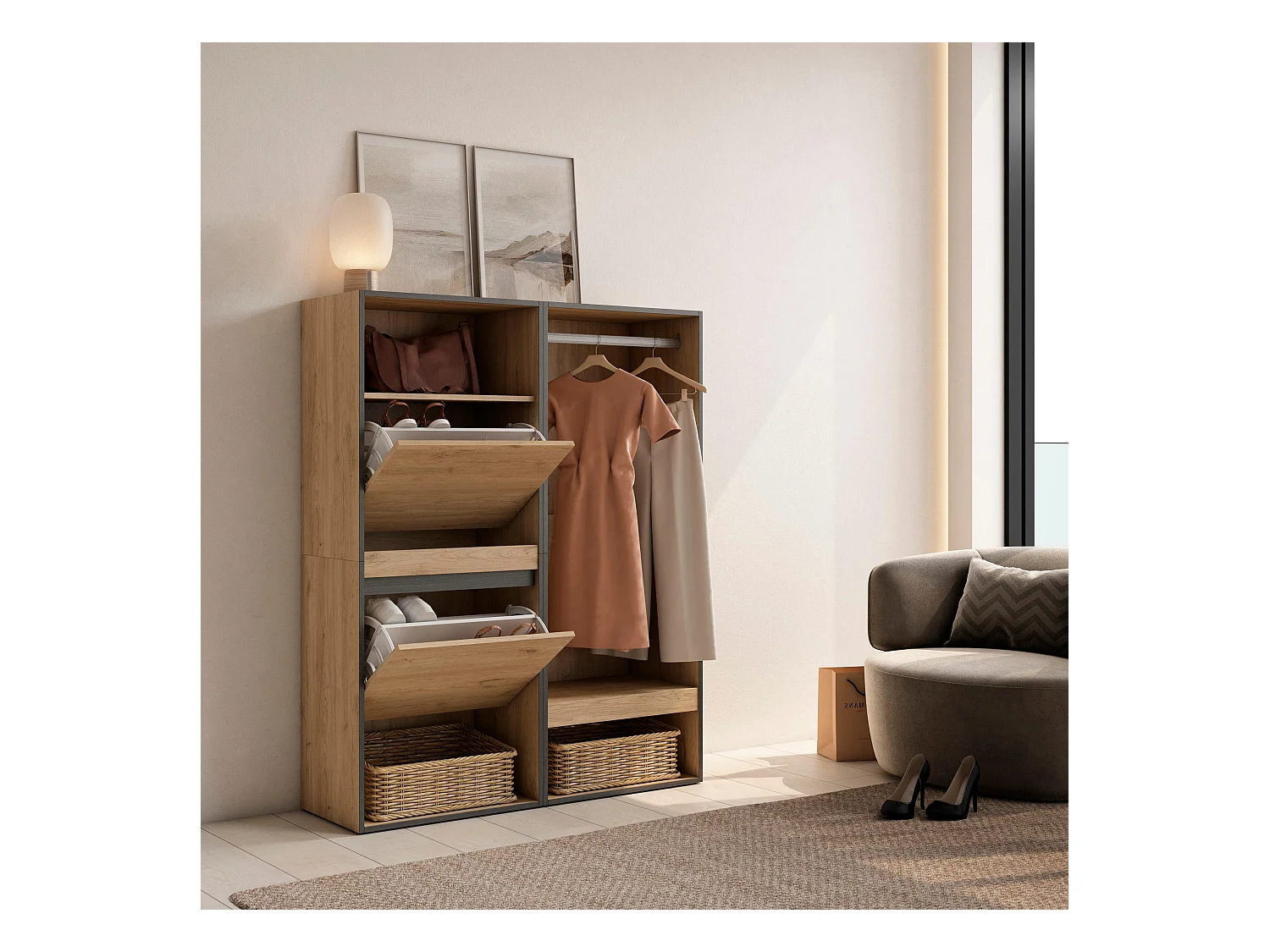 Meuble à Chaussures, 120x35x145 cm, Chambre à coucher, pièce, Vestiaire ouvert, Chêne