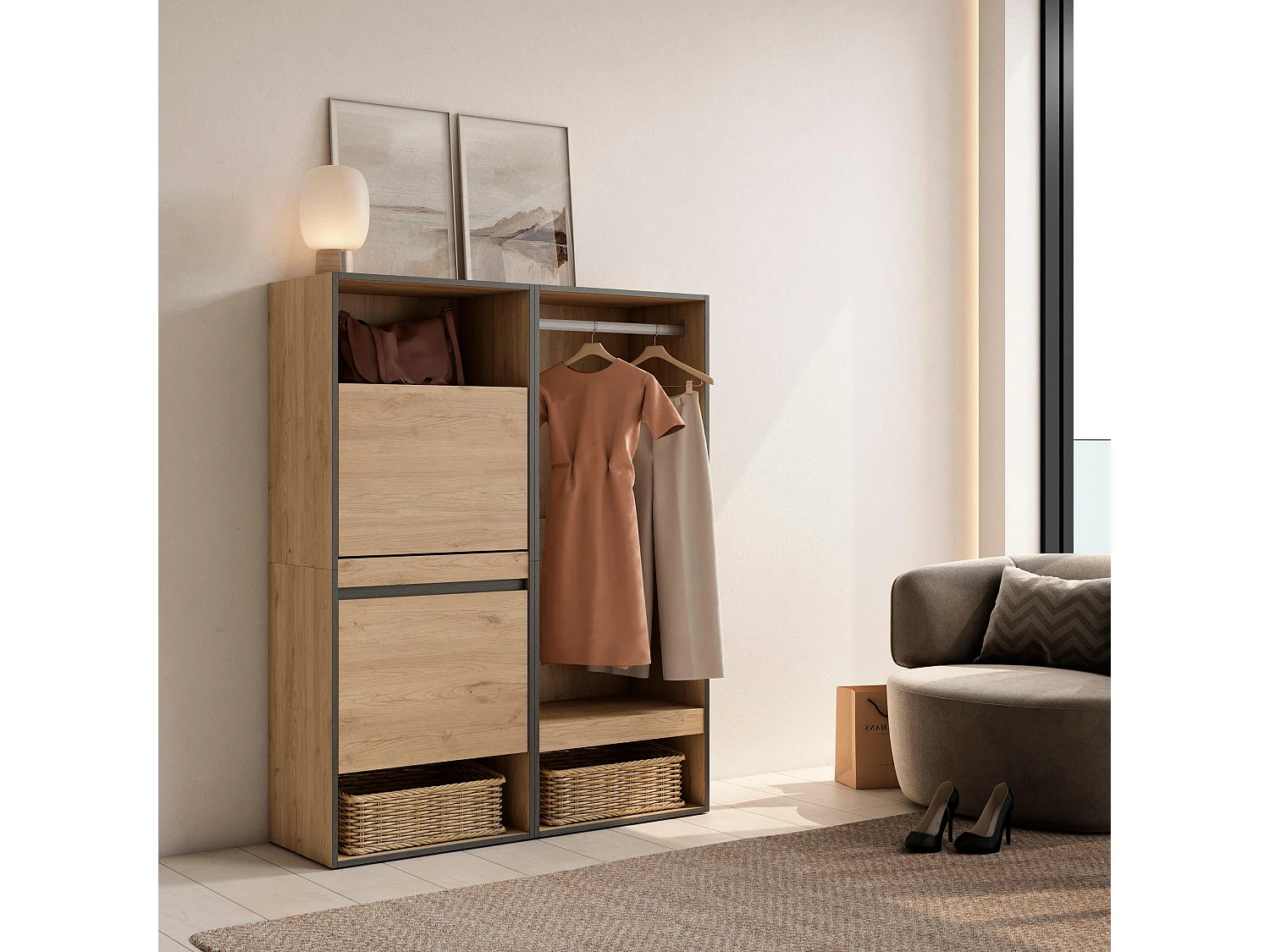 Zapatero, 120x35x145cm, Dormitorio, habitación, Vestidor abierto, Roble