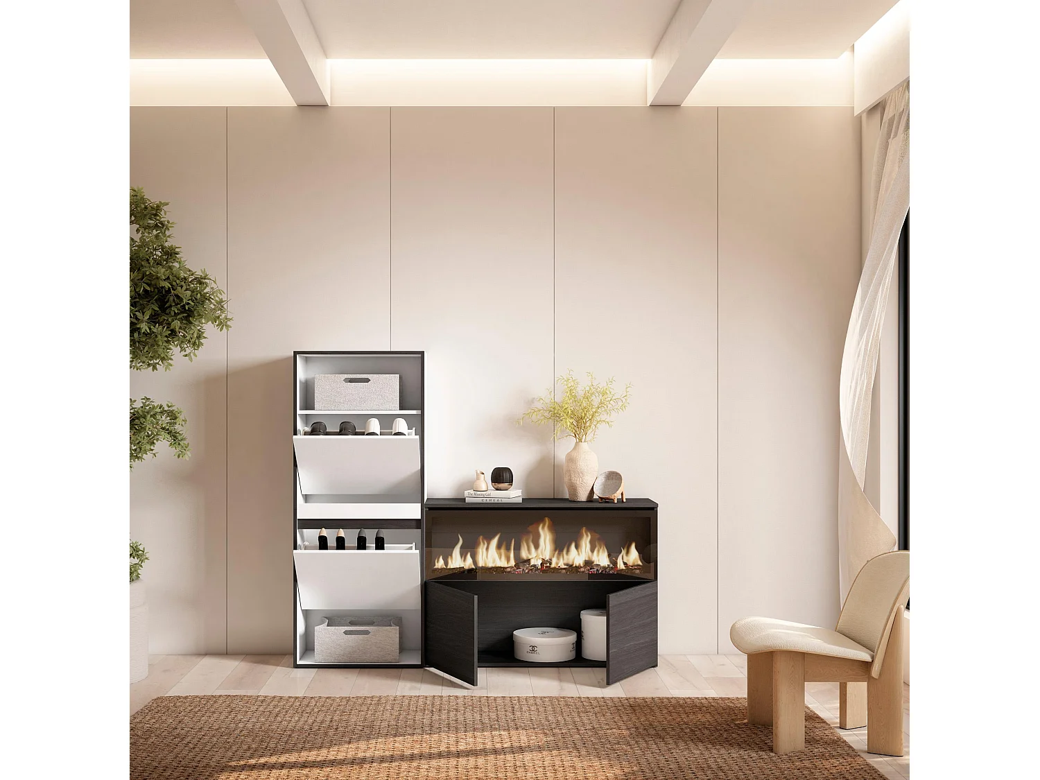 Zapatero, 167x35x145cm, Dormitorio, habitación, Chimenea eléctrica XXL, Blanco