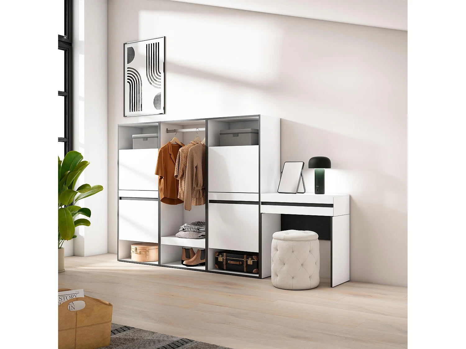 Meuble à Chaussures, 250x35x145cm, Chambre à coucher, pièce, Vestiaire ouvert, Coiffeuse, Blanc