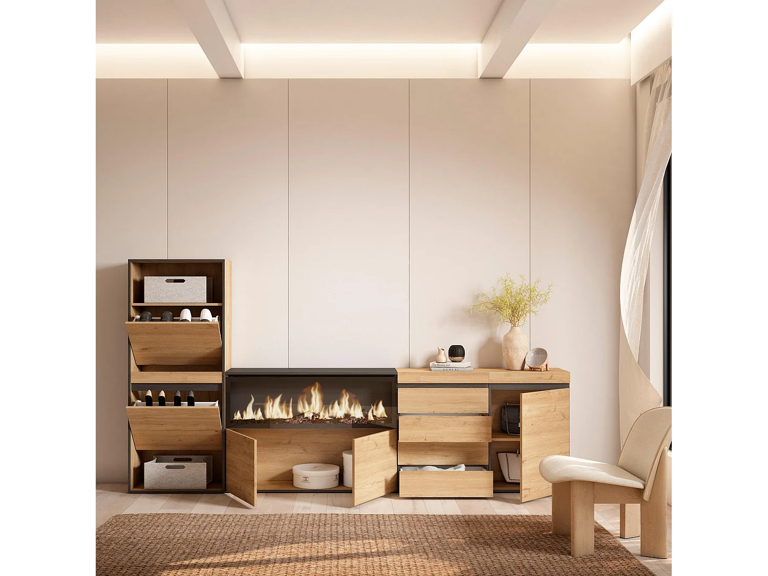 Meuble à Chaussures, 274x35x145 cm, Chambre à coucher, pièce, Cheminée électrique XXL, Commode, Buffet, Chêne