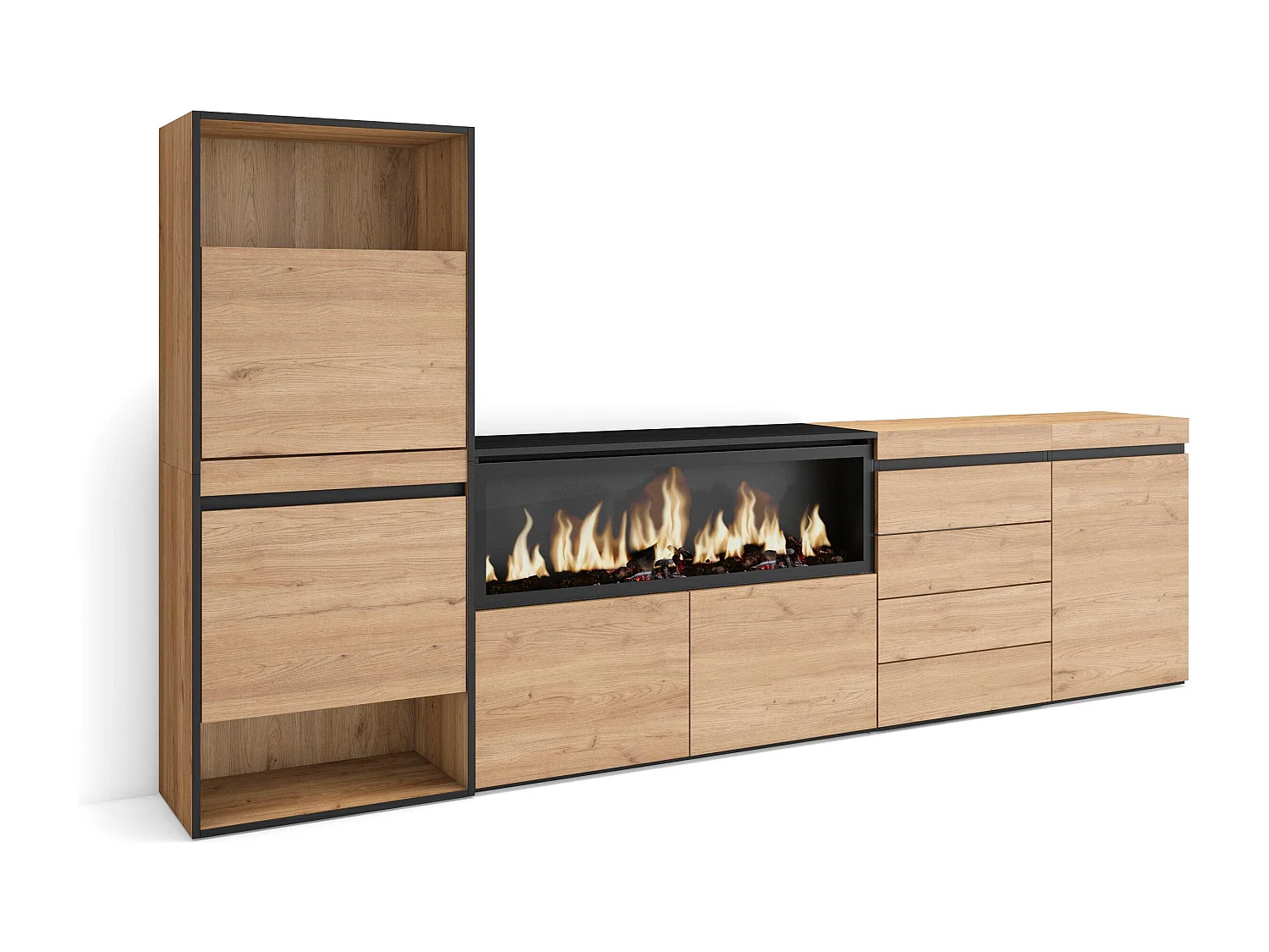 Meuble à Chaussures, 274x35x145cm, Chambre à coucher, pièce, Cheminée électrique XXL, Commode, Buffet, Chêne
