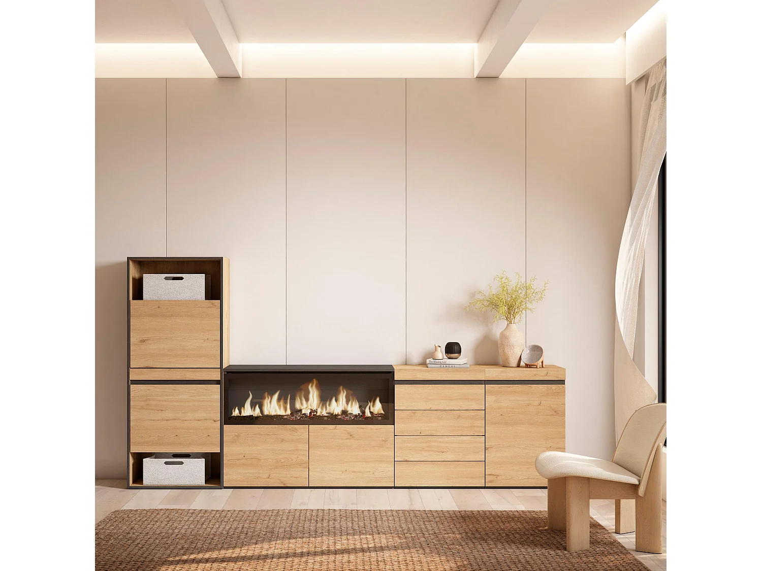 Meuble à Chaussures, 274x35x145cm, Chambre à coucher, pièce, Cheminée électrique XXL, Commode, Buffet, Chêne