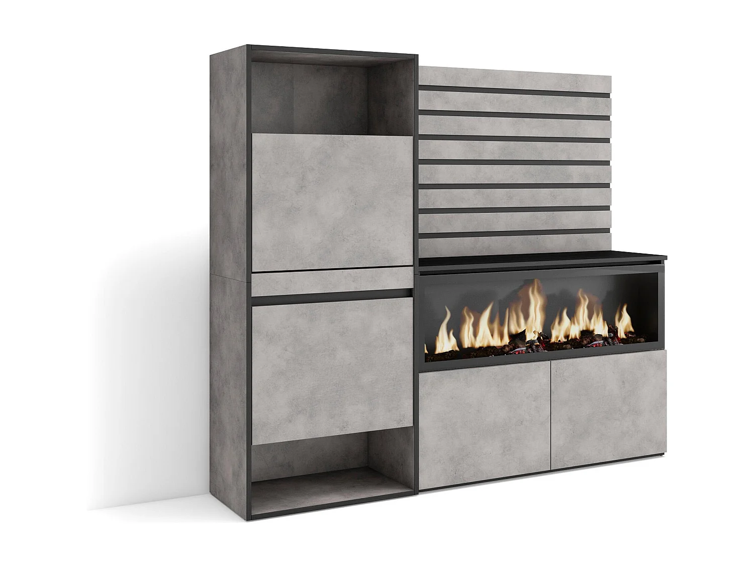 Zapatero, 167x35x145cm, Dormitorio, habitación, Chimenea eléctrica XXL, Listones Decorativos, Cemento