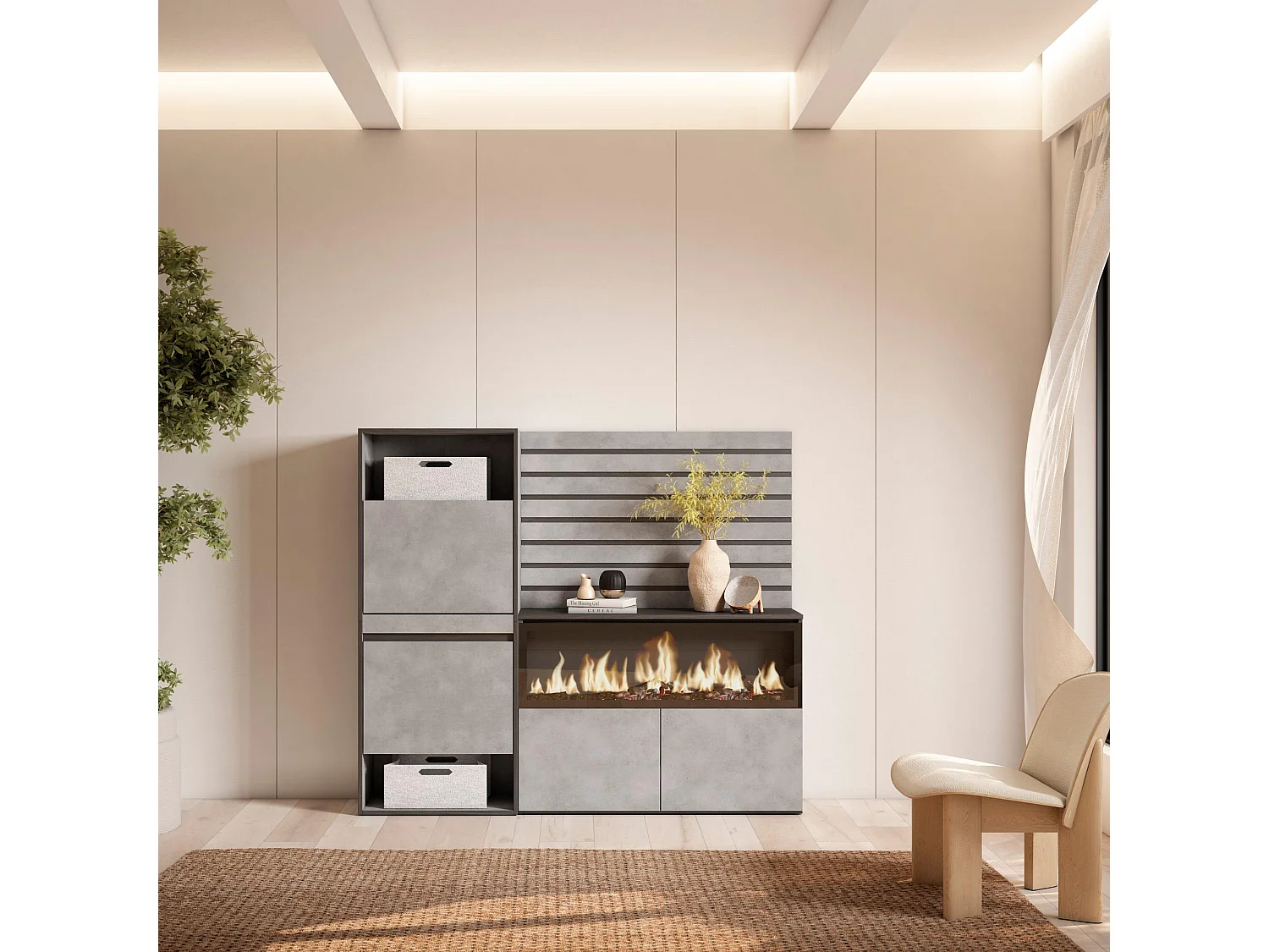 Zapatero, 167x35x145cm, Dormitorio, habitación, Chimenea eléctrica XXL, Listones Decorativos, Cemento