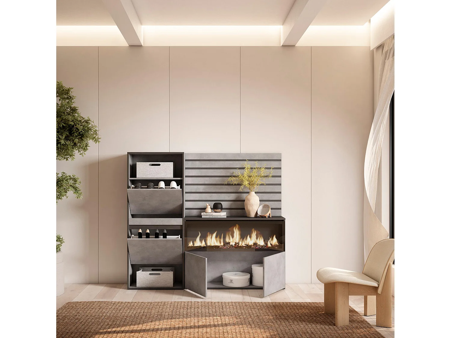 Zapatero, 167x35x145cm, Dormitorio, habitación, Chimenea eléctrica XXL, Listones Decorativos, Cemento