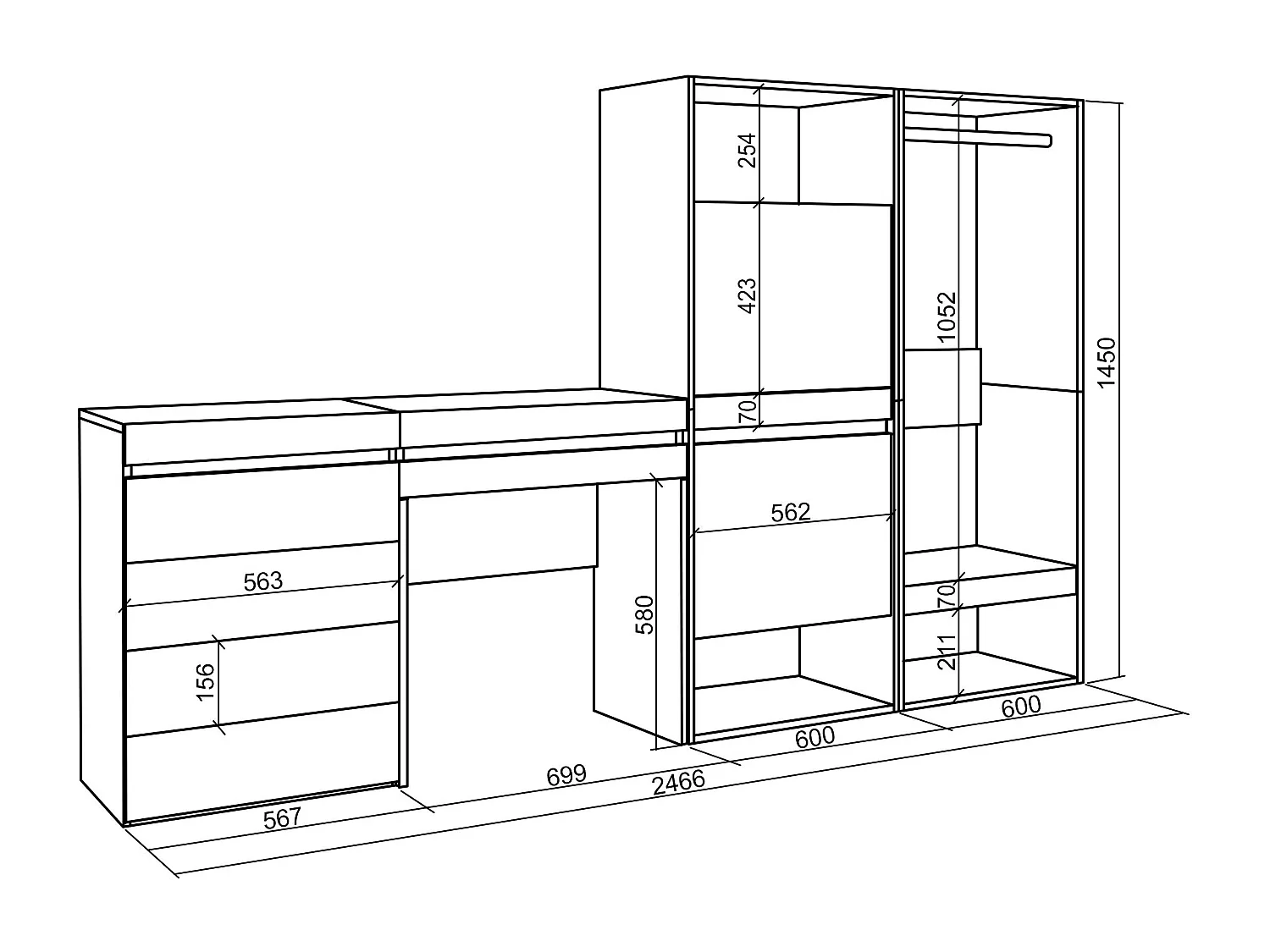 Schoenenkast, 247x35x145cm, Voor slaapkamer, kamer, Open Kledingkast, Ladekast, Commode, Kaptafel, Make-uptafel, Wit