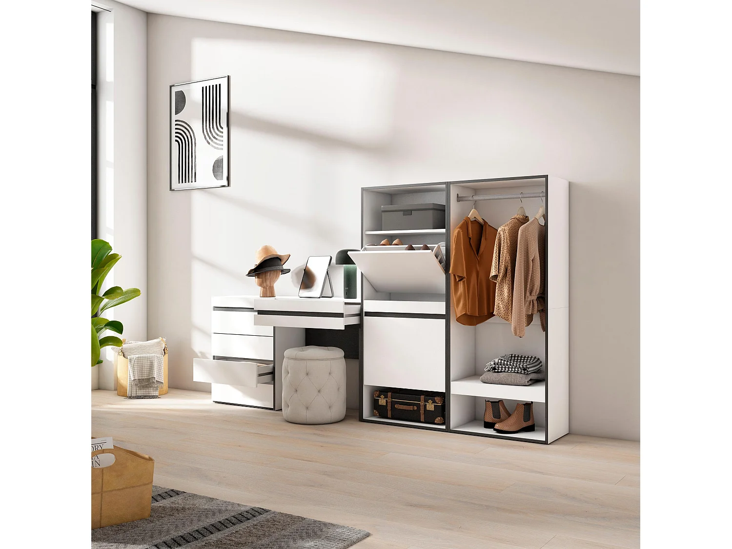 Meuble à Chaussures, 247x35x145 cm, Chambre à coucher, pièce, Vestiaire ouvert, Commode, Buffet, Coiffeuse, Blanc