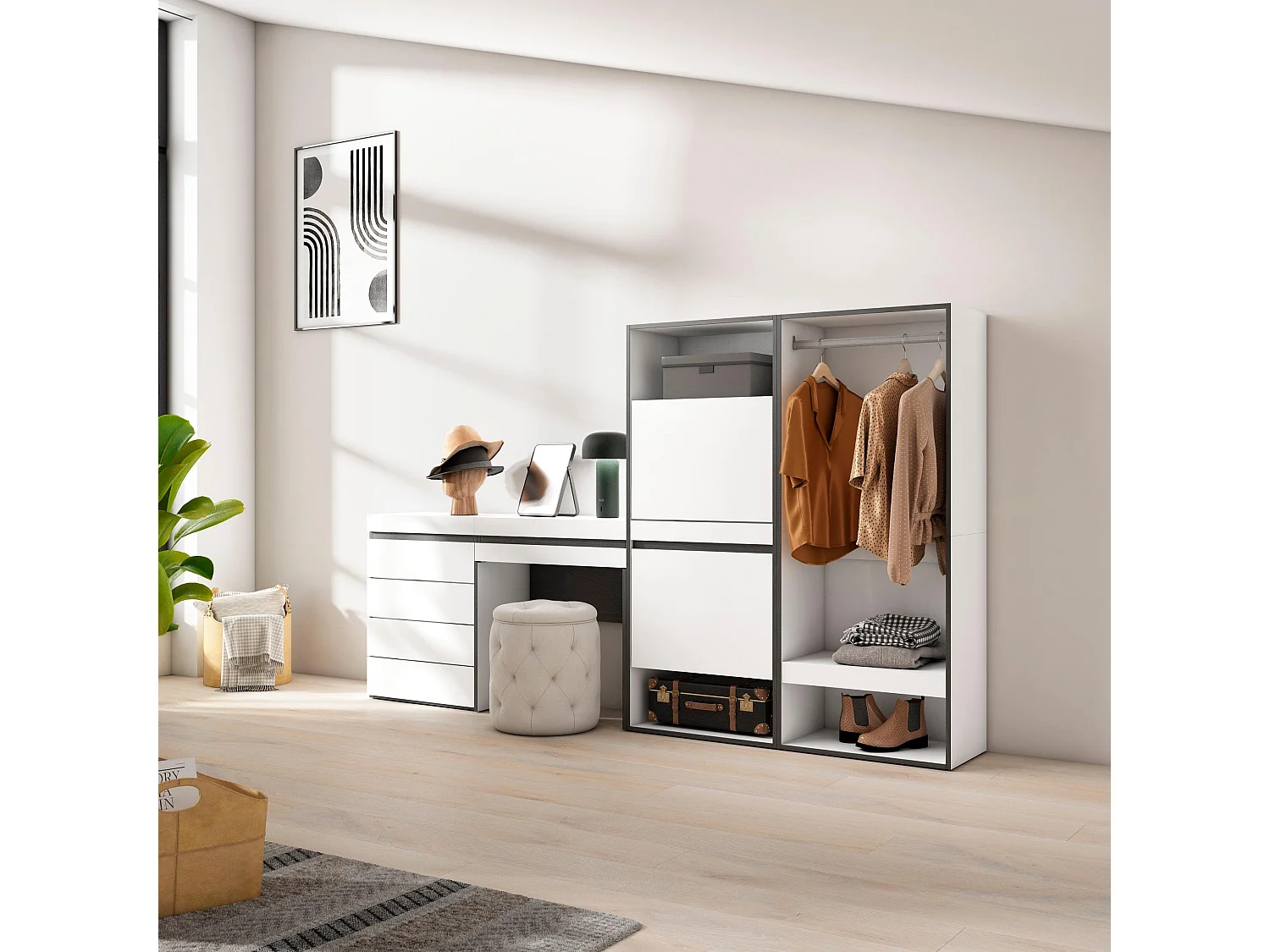 Meuble à Chaussures, 247x35x145cm, Chambre à coucher, pièce, Vestiaire ouvert, Commode, Buffet, Coiffeuse, Blanc