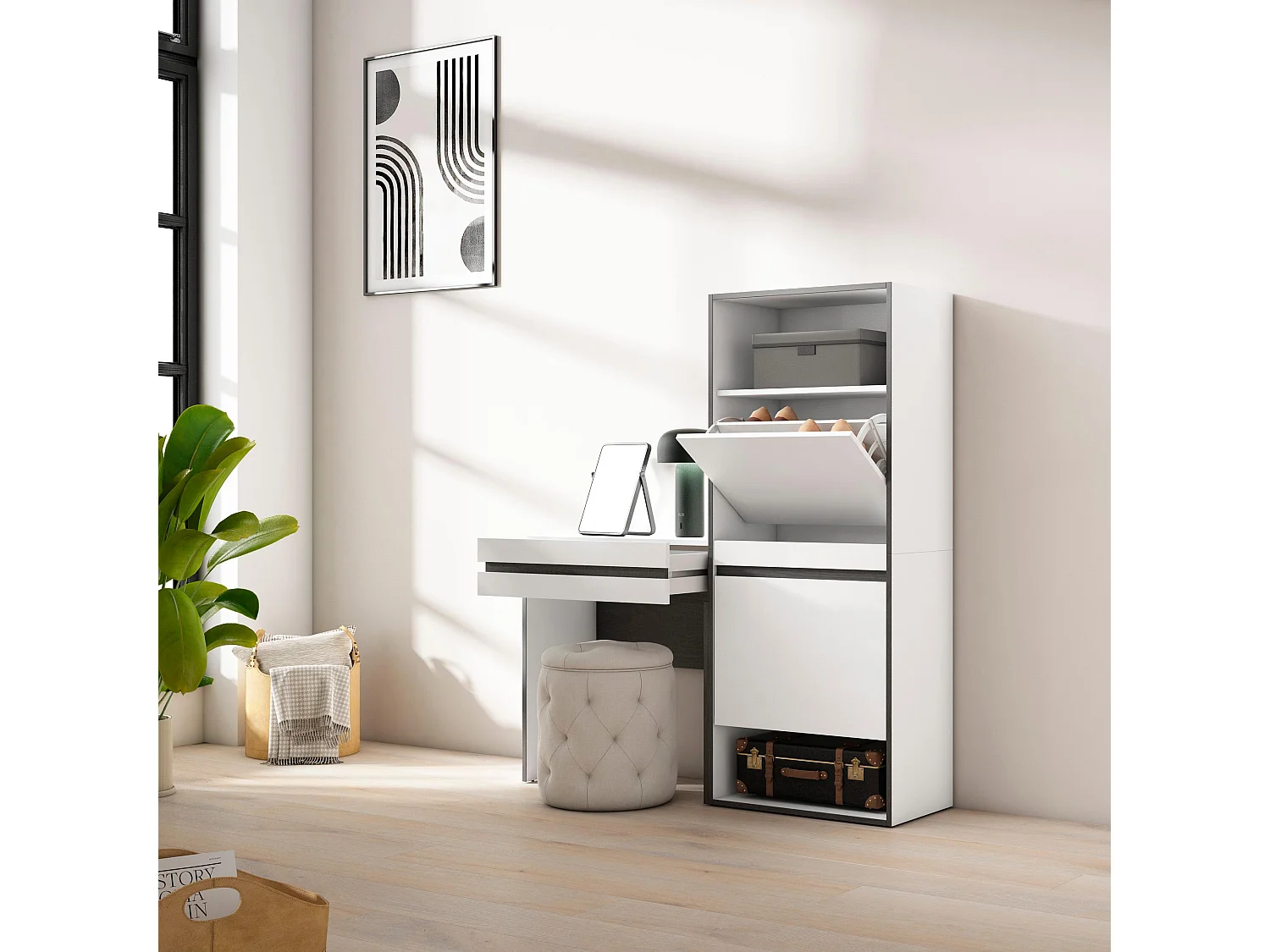 Meuble à Chaussures, 130x35x145 cm, Chambre à coucher, pièce, Coiffeuse, Blanc