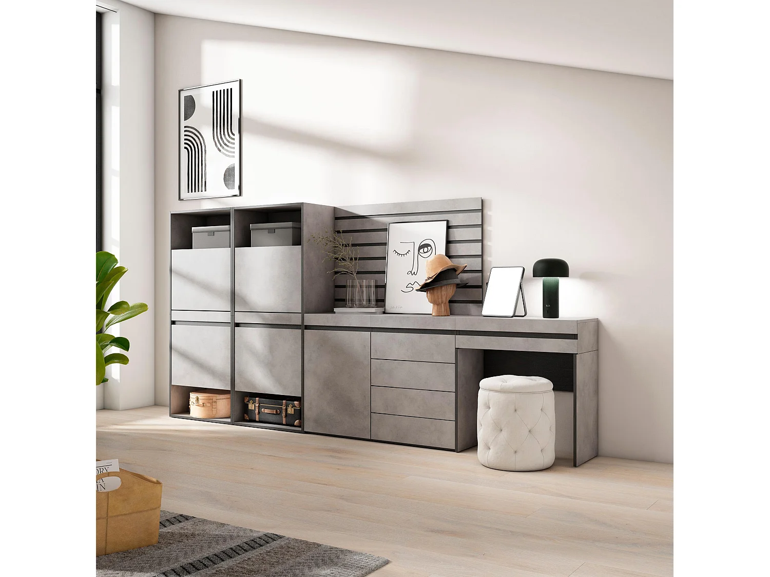 Meuble à Chaussures, 297x35x145 cm, Chambre à coucher, pièce, Commode, Buffet, Panneaux Muraux en Bois, Coiffeuse, Ciment