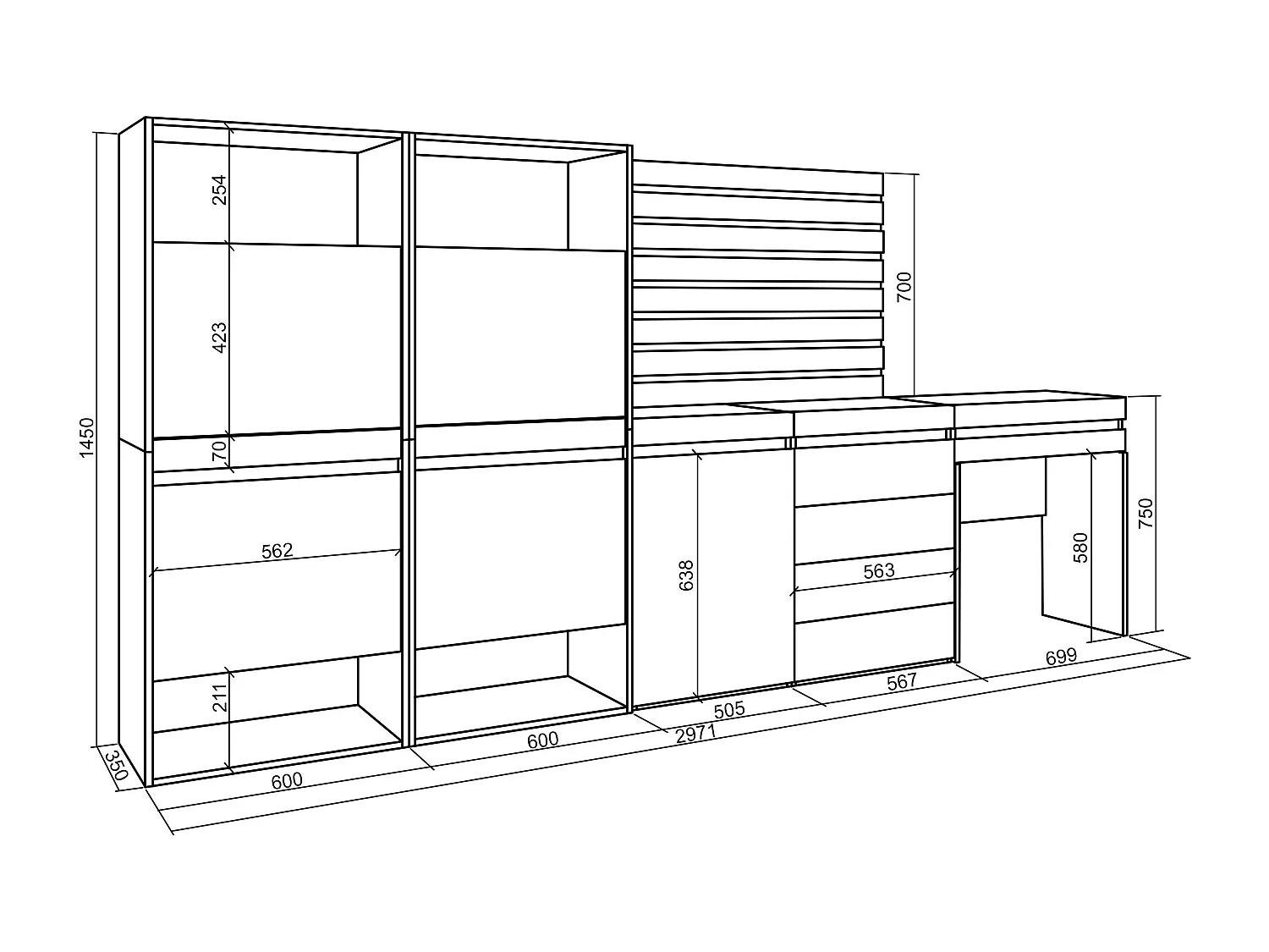 Meuble à Chaussures, 297x35x145 cm, Chambre à coucher, pièce, Commode, Buffet, Panneaux Muraux en Bois, Coiffeuse, Ciment