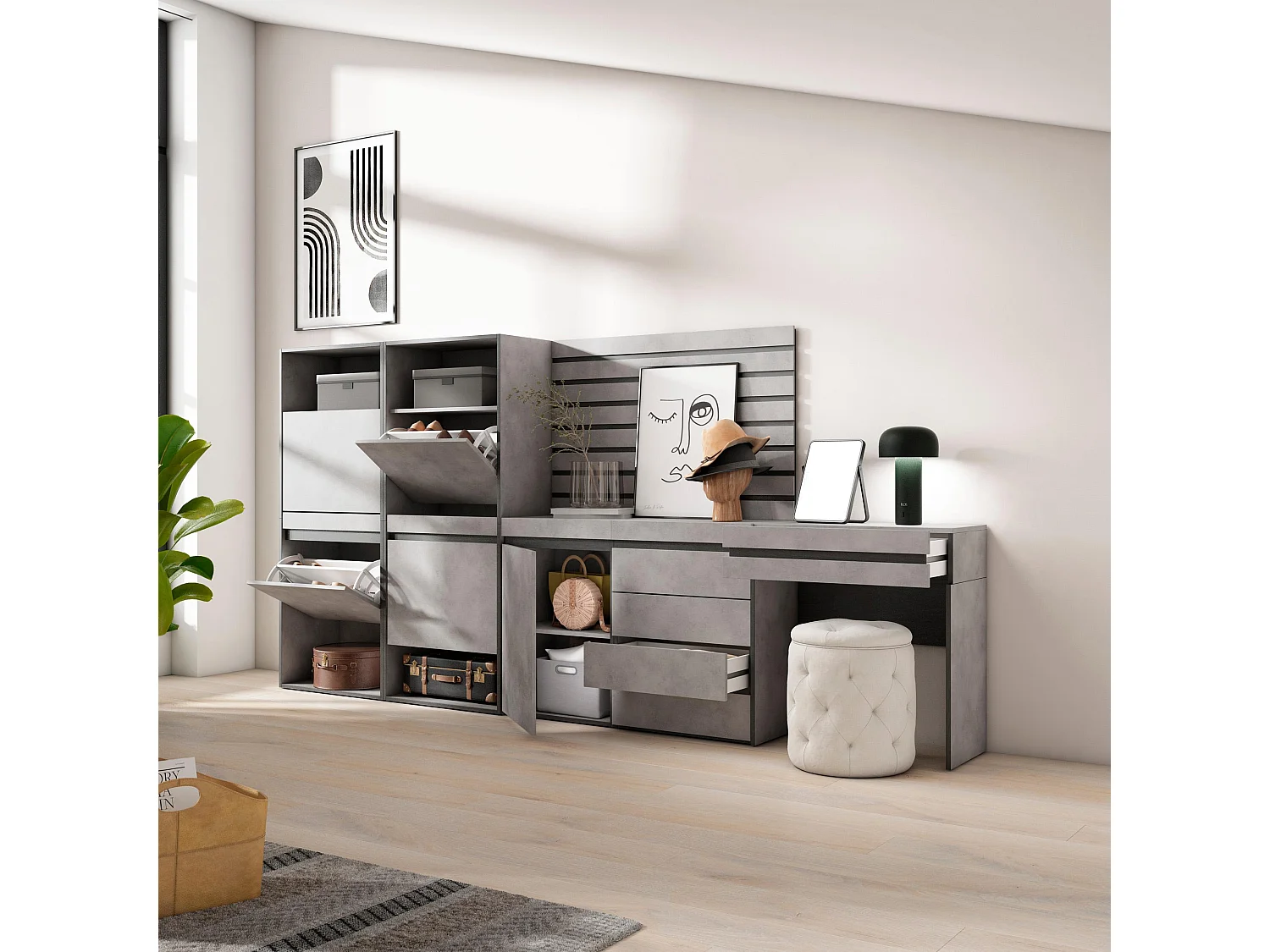 Meuble à Chaussures, 297x35x145cm, Chambre à coucher, pièce, Commode, Buffet, Panneaux Muraux en Bois, Coiffeuse, Ciment