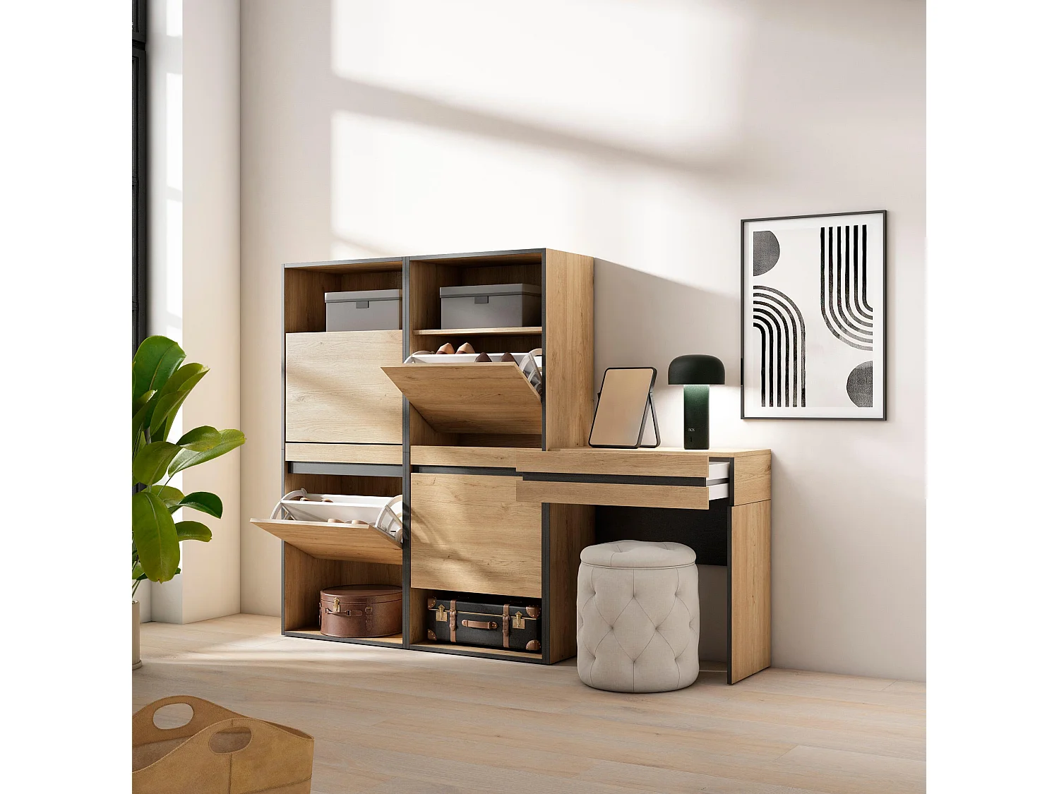 Schoenenkast, 190x35x145cm, Voor slaapkamer, kamer, Kaptafel, Make-uptafel, Eiken