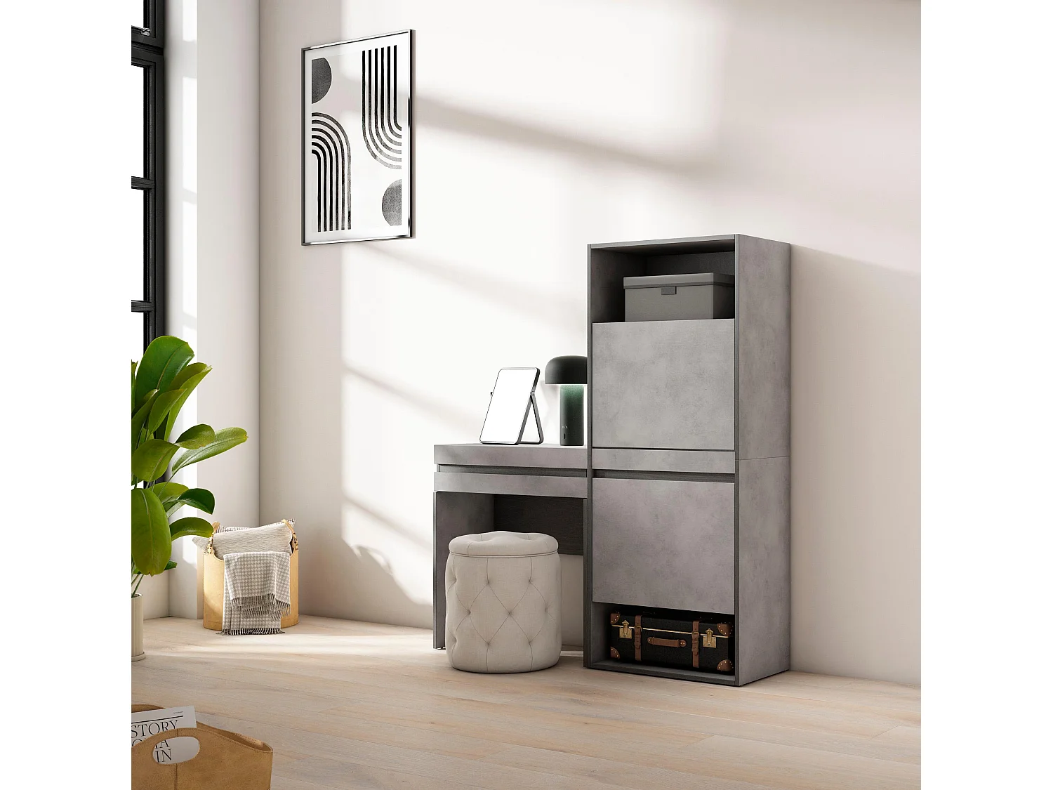 Schoenenkast, 130x35x145cm, Voor slaapkamer, kamer, Kaptafel, Make-uptafel, Cement