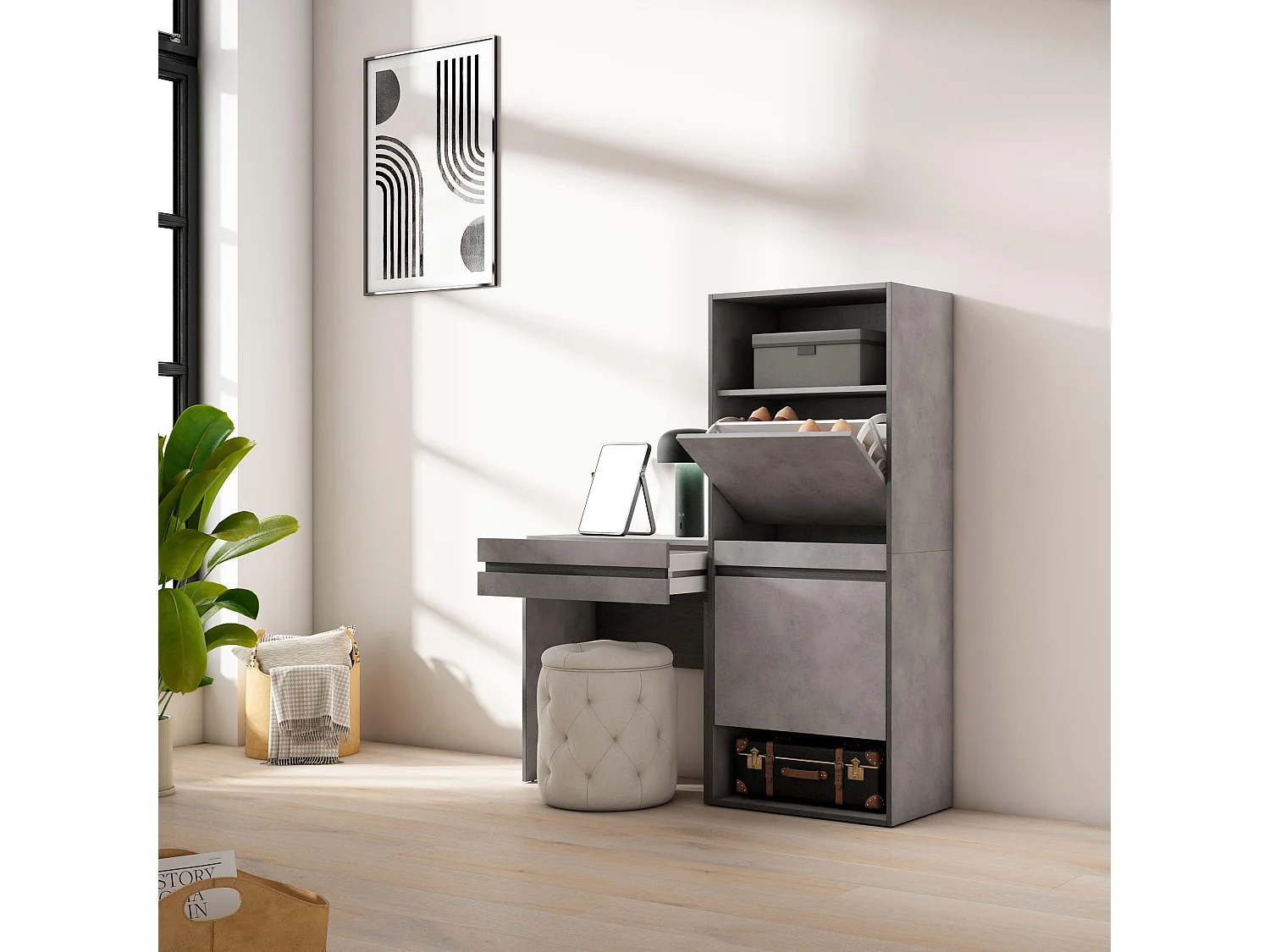 Schoenenkast, 130x35x145cm, Voor slaapkamer, kamer, Kaptafel, Make-uptafel, Cement