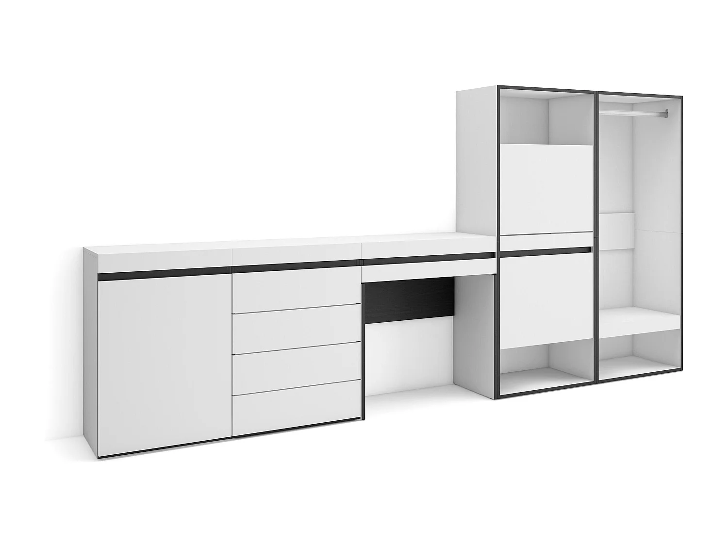 Meuble à Chaussures, 297x35x145cm, Chambre à coucher, pièce, Vestiaire ouvert, Commode, Buffet, Coiffeuse, Blanc