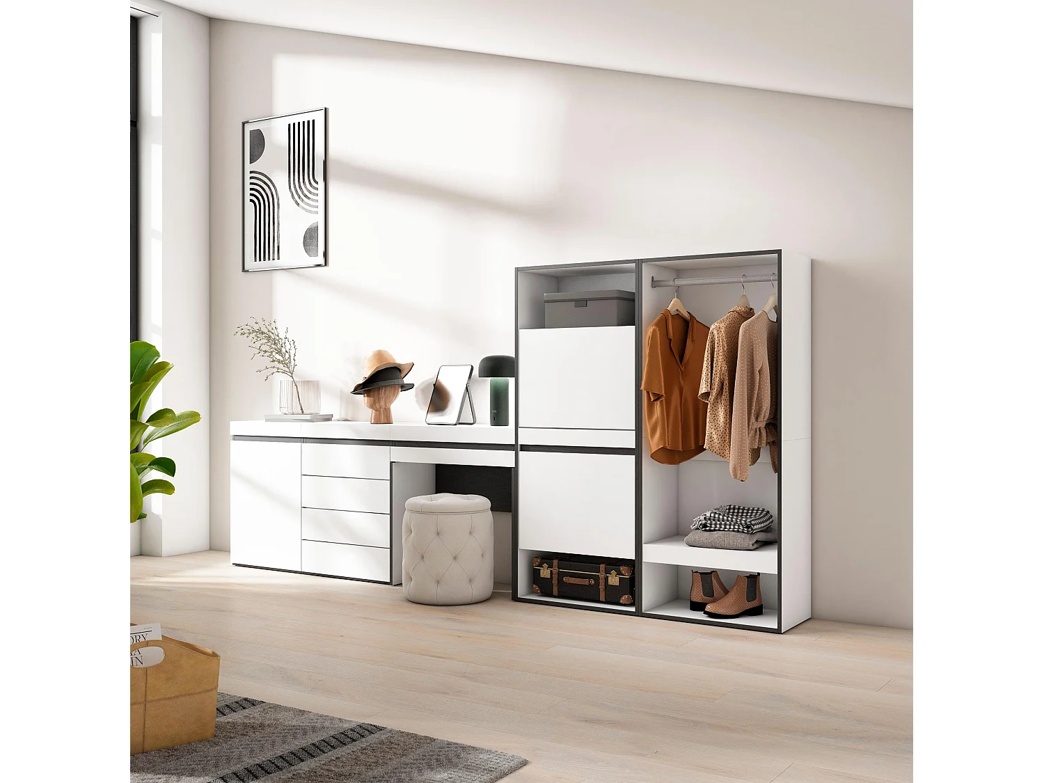 Meuble à Chaussures, 297x35x145cm, Chambre à coucher, pièce, Vestiaire ouvert, Commode, Buffet, Coiffeuse, Blanc