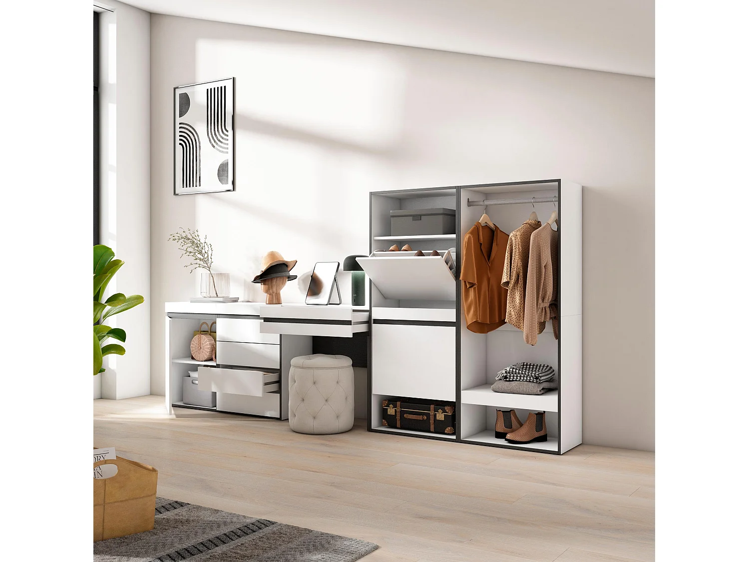 Meuble à Chaussures, 297x35x145cm, Chambre à coucher, pièce, Vestiaire ouvert, Commode, Buffet, Coiffeuse, Blanc