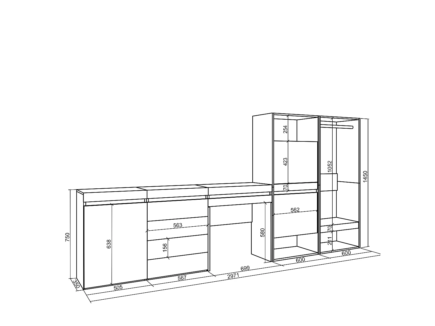 Meuble à Chaussures, 297x35x145cm, Chambre à coucher, pièce, Vestiaire ouvert, Commode, Buffet, Coiffeuse, Blanc