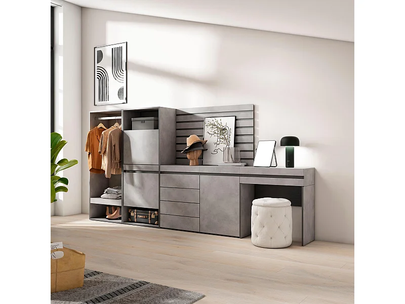 Schuhregal, Schuhschrank, 297x35x145cm, Für Schlafzimmer, Offener Kleiderschrank, Kommode mit Schubladen, Lamellenwand Holz, Schminktisch, Zement