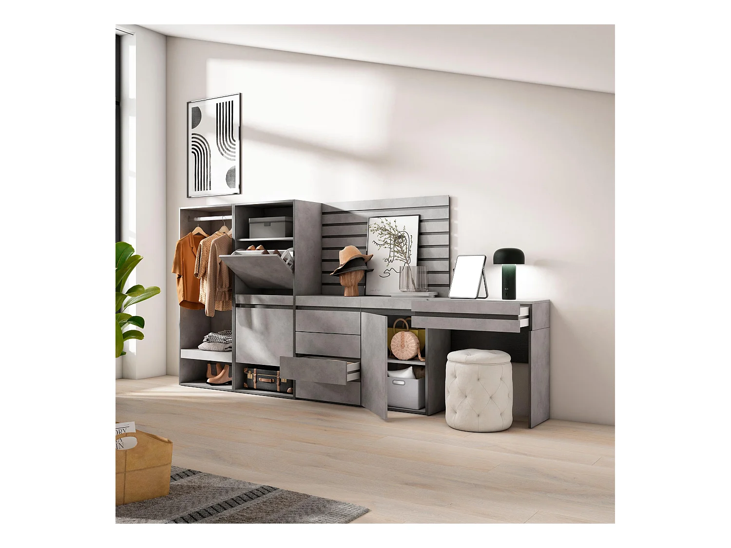 Meuble à Chaussures, 297x35x145 cm, Chambre à coucher, pièce, Vestiaire ouvert, Commode, Buffet, Panneaux Muraux en Bois, Coiffeuse, Ciment