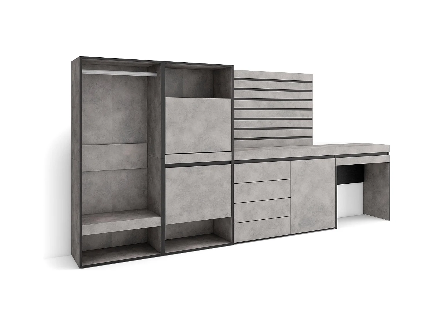 Meuble à Chaussures, 297x35x145 cm, Chambre à coucher, pièce, Vestiaire ouvert, Commode, Buffet, Panneaux Muraux en Bois, Coiffeuse, Ciment