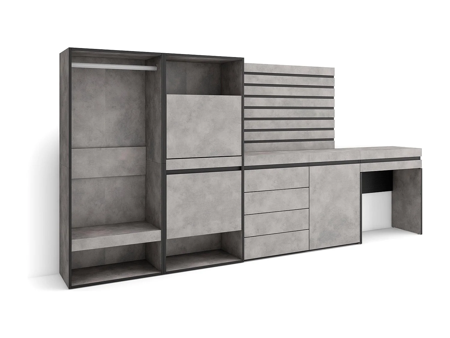 Meuble à Chaussures, 297x35x145cm, Chambre à coucher, pièce, Vestiaire ouvert, Commode, Buffet, Panneaux Muraux en Bois, Coiffeuse, Ciment
