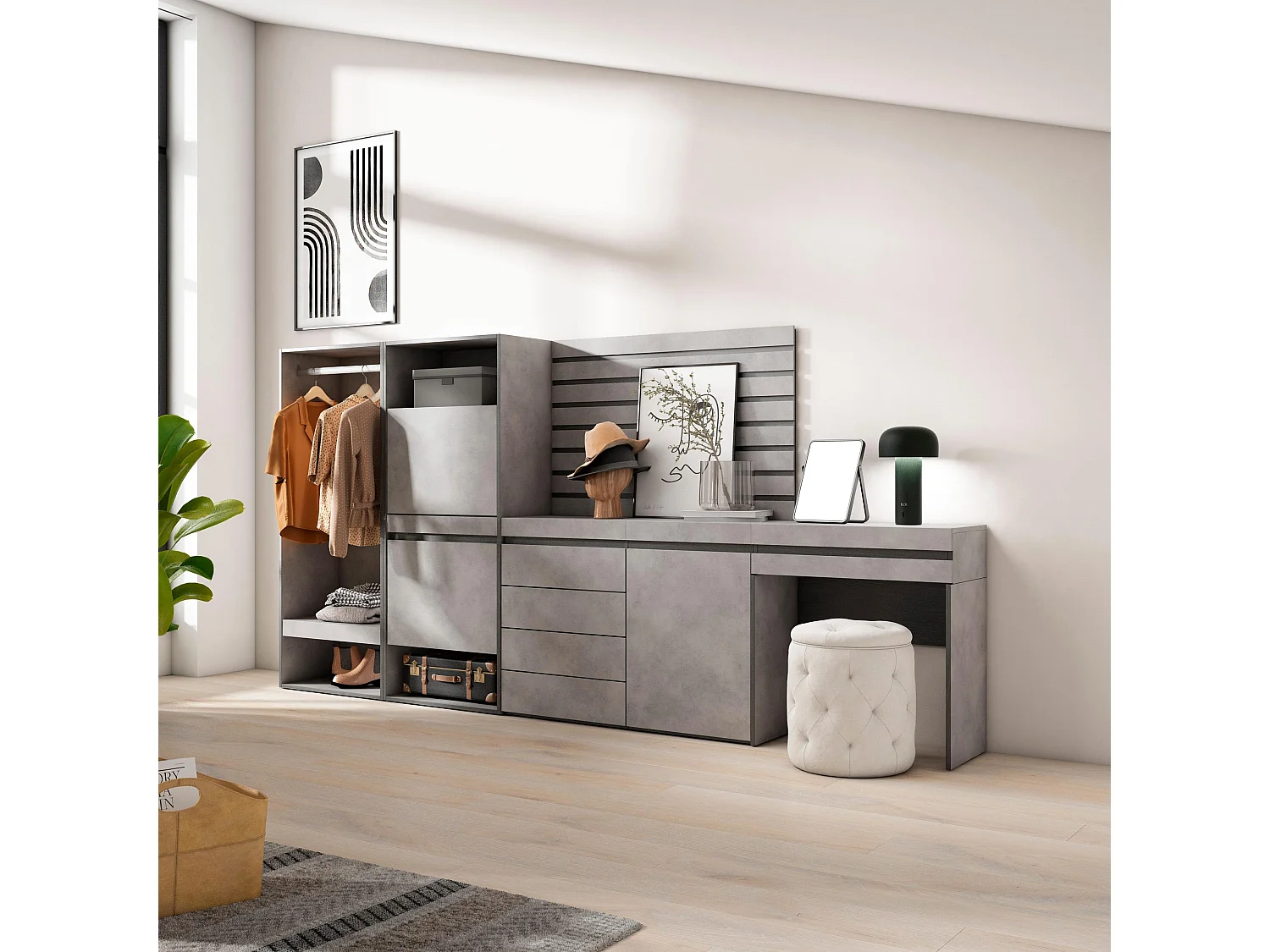 Meuble à Chaussures, 297x35x145cm, Chambre à coucher, pièce, Vestiaire ouvert, Commode, Buffet, Panneaux Muraux en Bois, Coiffeuse, Ciment