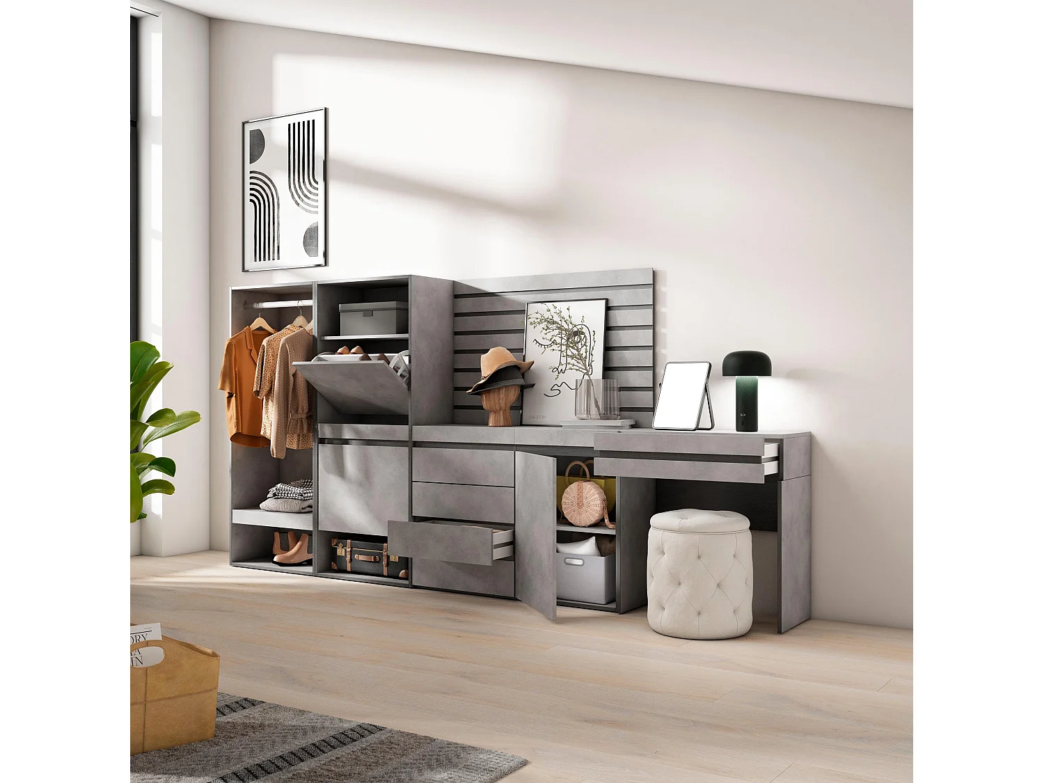 Meuble à Chaussures, 297x35x145cm, Chambre à coucher, pièce, Vestiaire ouvert, Commode, Buffet, Panneaux Muraux en Bois, Coiffeuse, Ciment