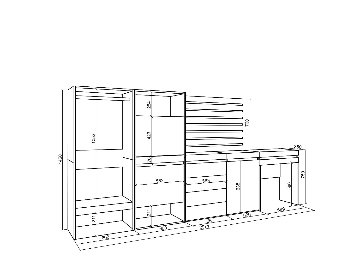Meuble à Chaussures, 297x35x145cm, Chambre à coucher, pièce, Vestiaire ouvert, Commode, Buffet, Panneaux Muraux en Bois, Coiffeuse, Ciment