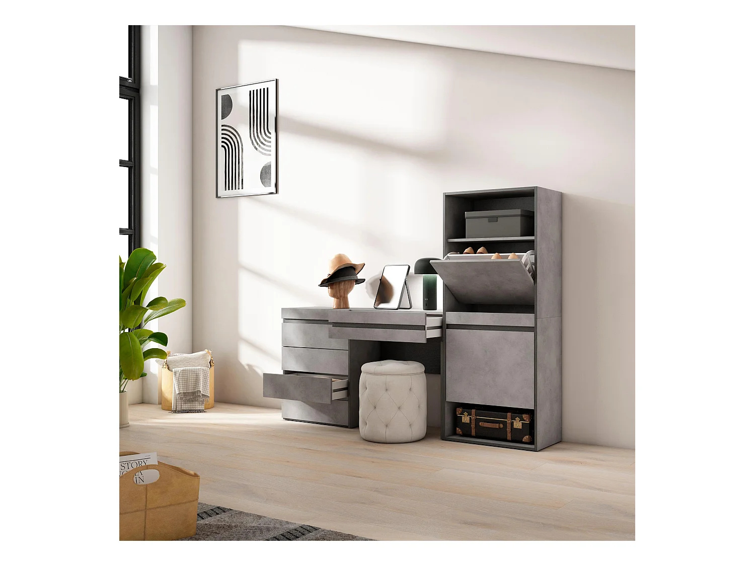 Meuble à Chaussures, 187x35x145 cm, Chambre à coucher, pièce, Commode, Buffet, Coiffeuse, Ciment