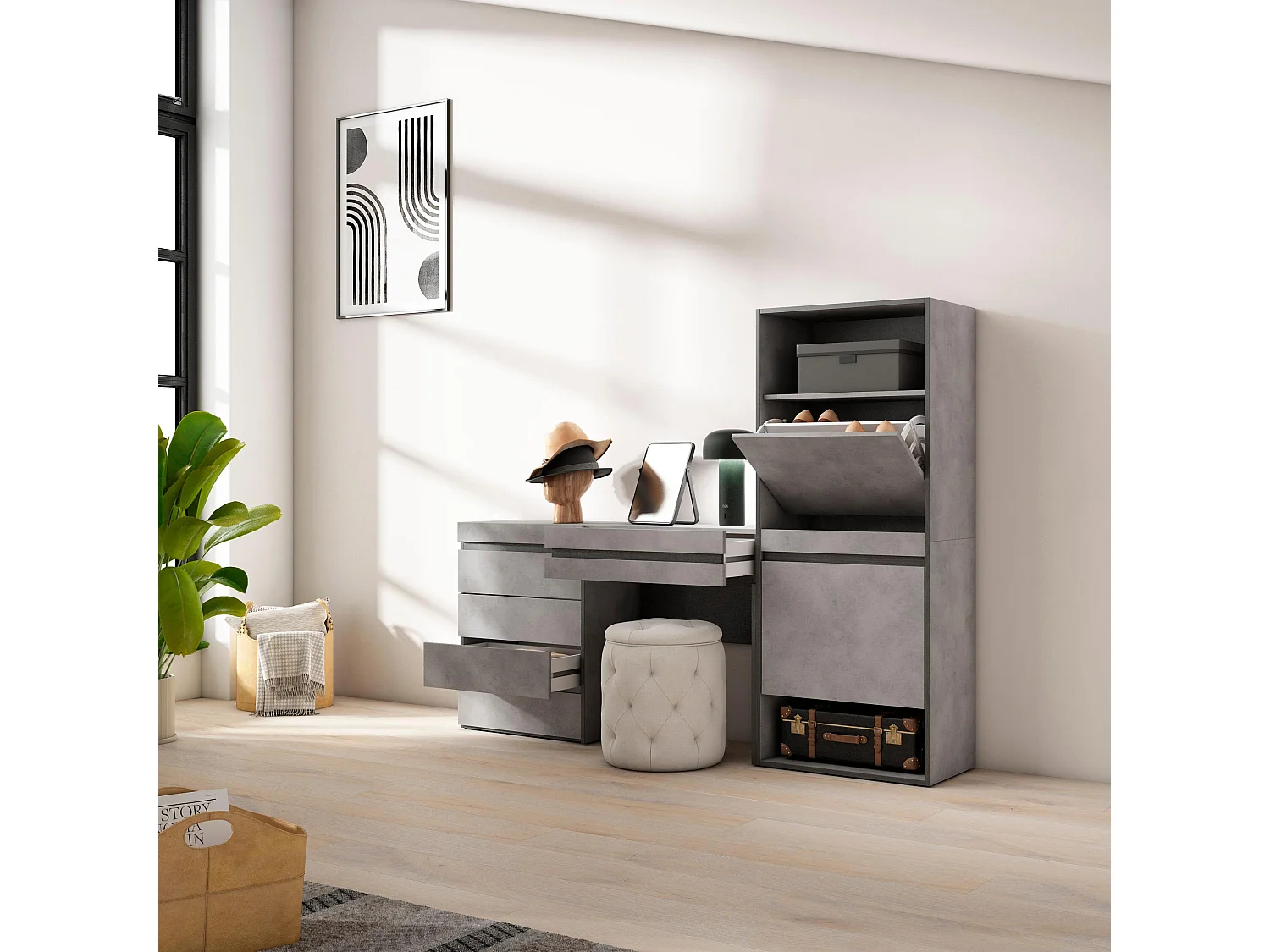 Sapateira, 187x35x145cm, Para quarto, dormitório, Cómoda, Toucador, Cimento