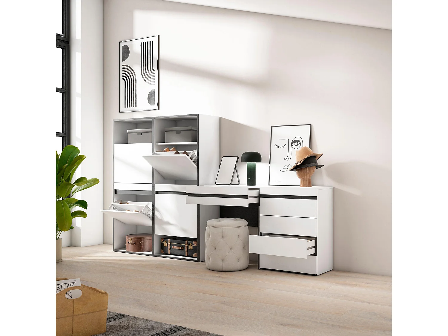 Meuble à Chaussures, 247x35x145 cm, Chambre à coucher, pièce, Commode, Buffet, Coiffeuse, Blanc