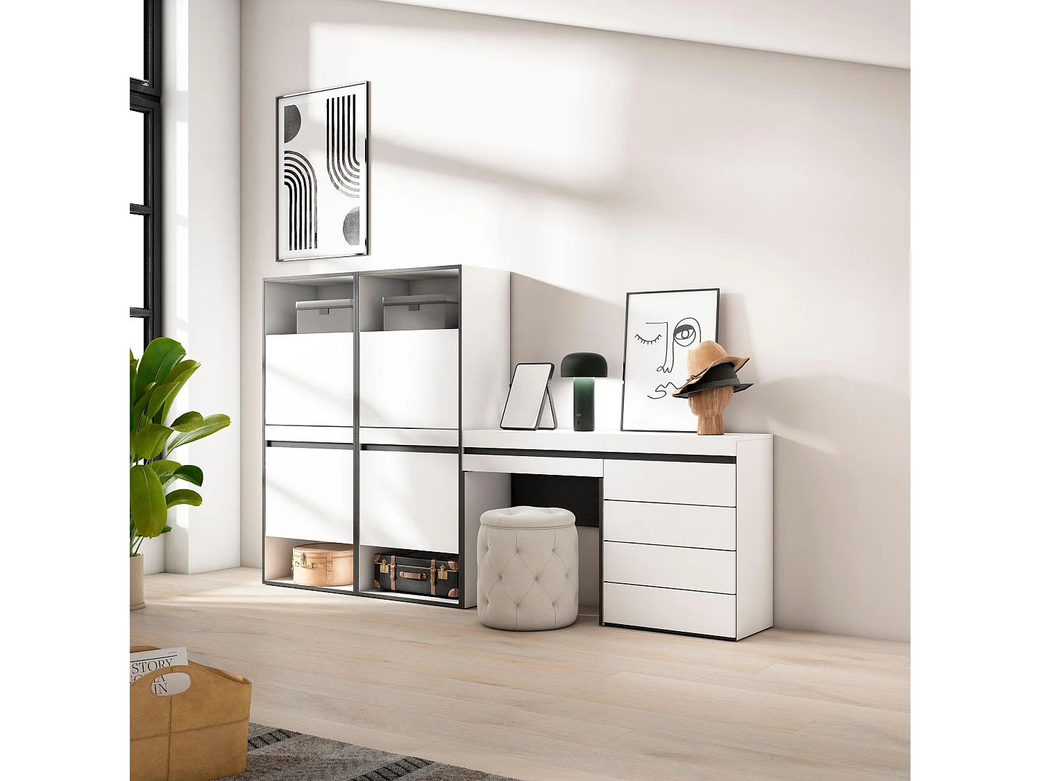 Meuble à Chaussures, 247x35x145cm, Chambre à coucher, pièce, Commode, Buffet, Coiffeuse, Blanc