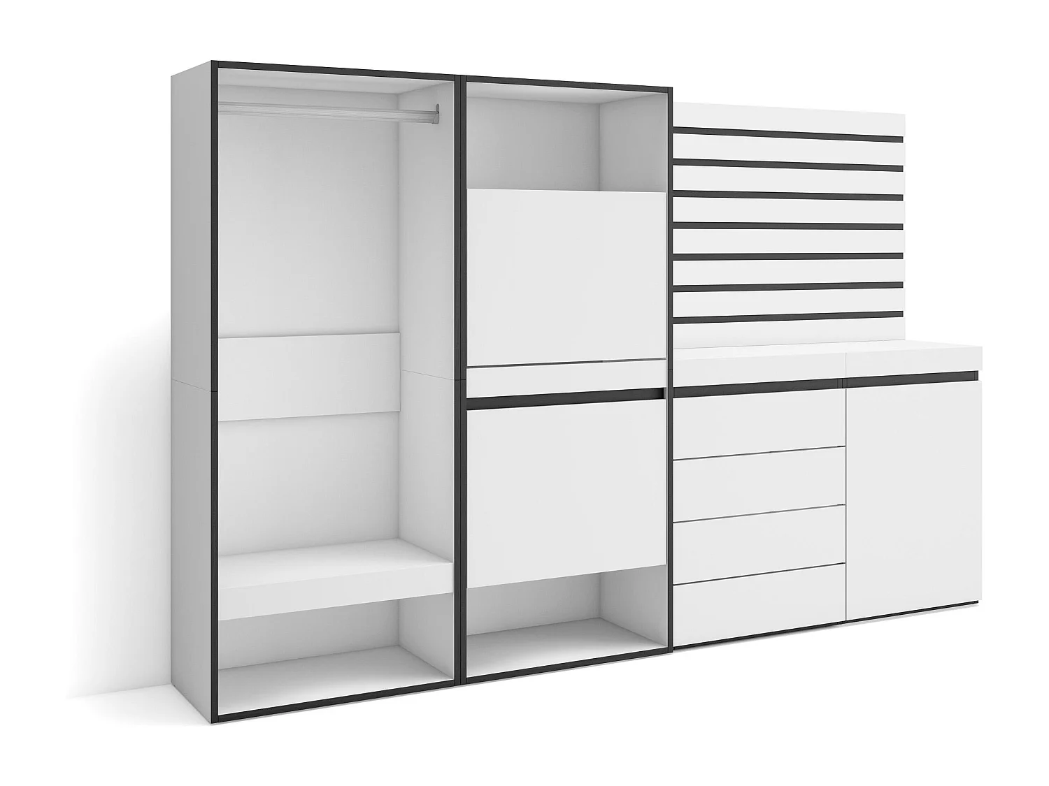 Schoenenkast, 227x35x145cm, Voor slaapkamer, kamer, Open Kledingkast, Ladekast, Commode, Lamellenwand Hout, Wit