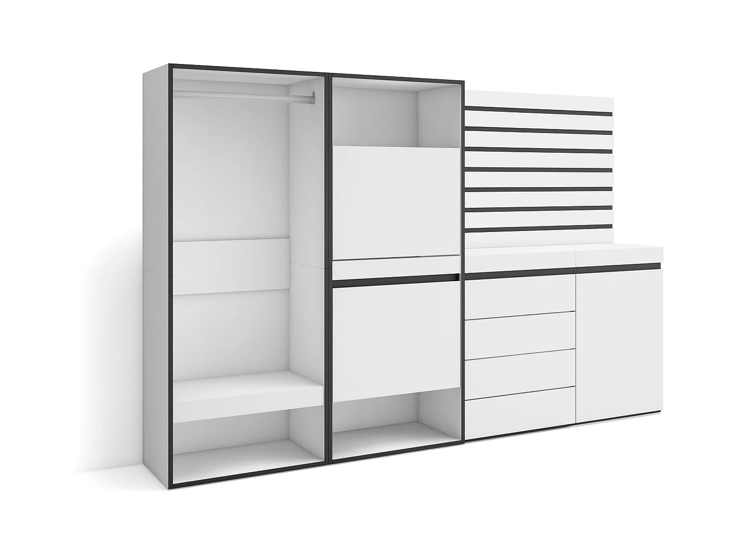 Meuble à Chaussures, 227x35x145 cm, Chambre à coucher, pièce, Vestiaire ouvert, Commode, Buffet, Panneaux Muraux en Bois, Blanc