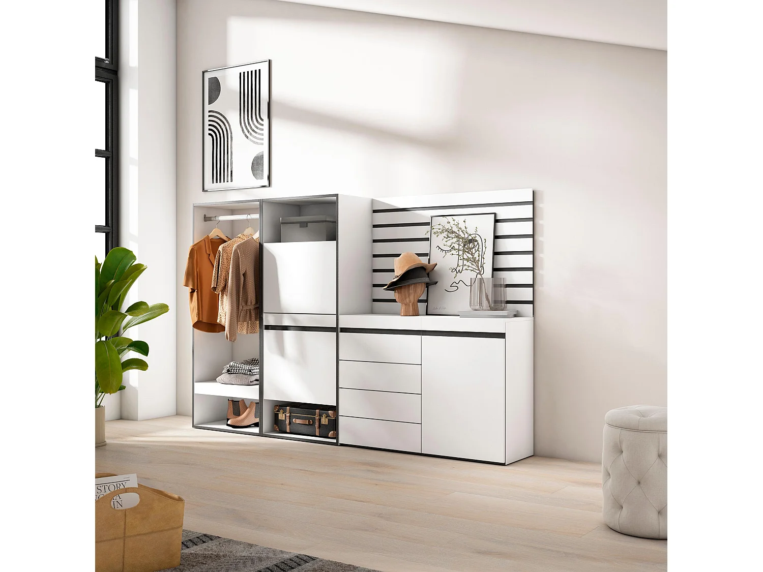 Zapatero, 227x35x145cm, Dormitorio, habitación, Vestidor abierto, Cómoda, Cajonera, Listones Decorativos, Blanco