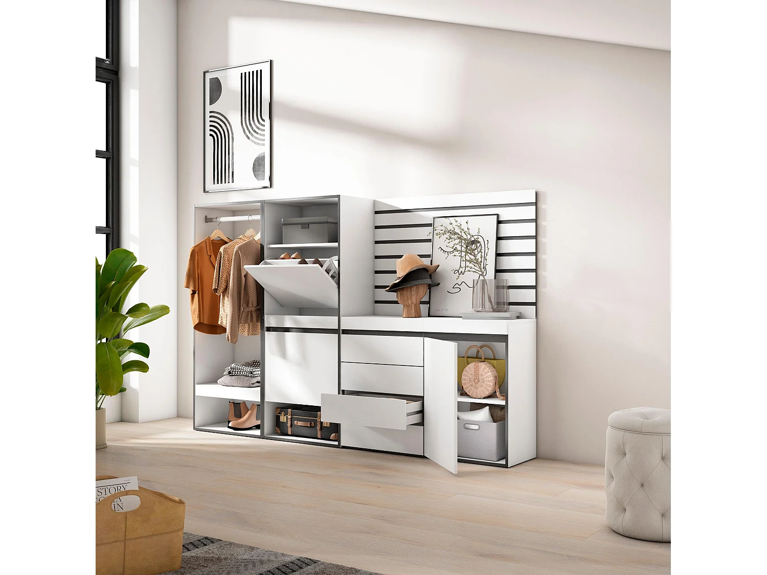 Zapatero, 227x35x145cm, Dormitorio, habitación, Vestidor abierto, Cómoda, Cajonera, Listones Decorativos, Blanco