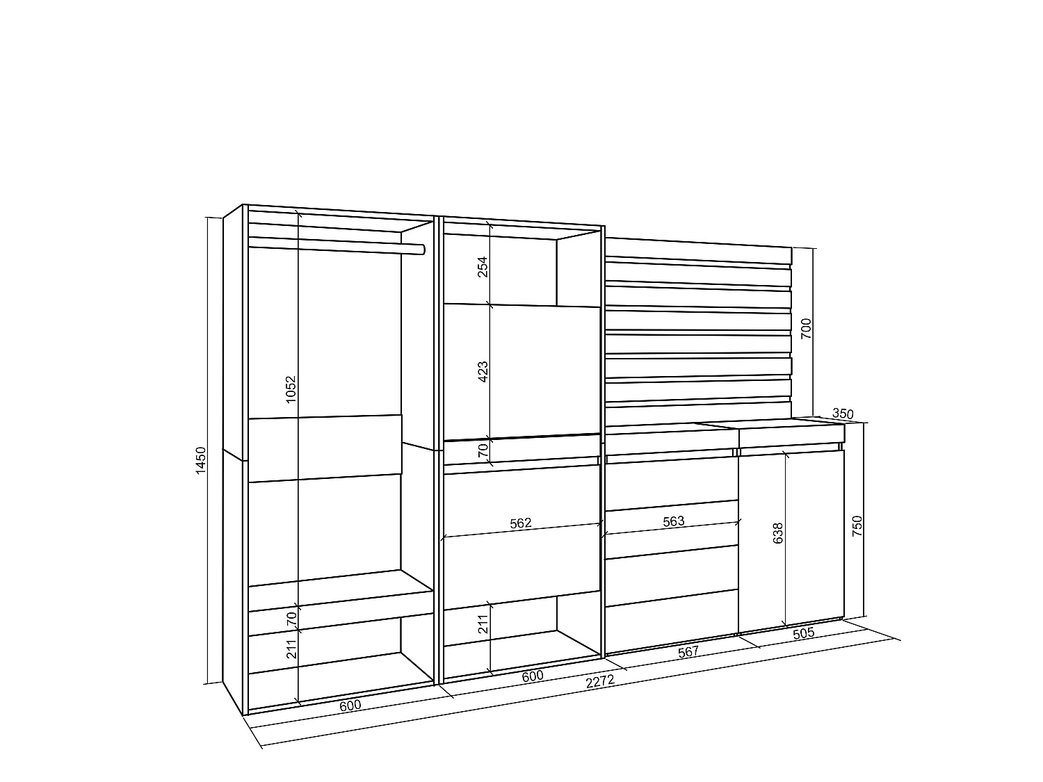 Zapatero, 227x35x145cm, Dormitorio, habitación, Vestidor abierto, Cómoda, Cajonera, Listones Decorativos, Blanco