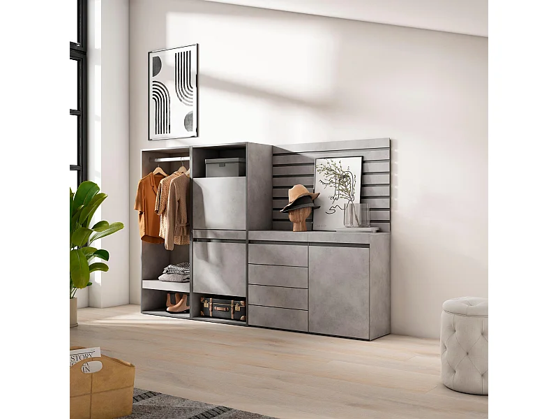 Schuhregal, Schuhschrank, 227x35x145cm, Für Schlafzimmer, Offener Kleiderschrank, Kommode mit Schubladen, Lamellenwand Holz, Zement