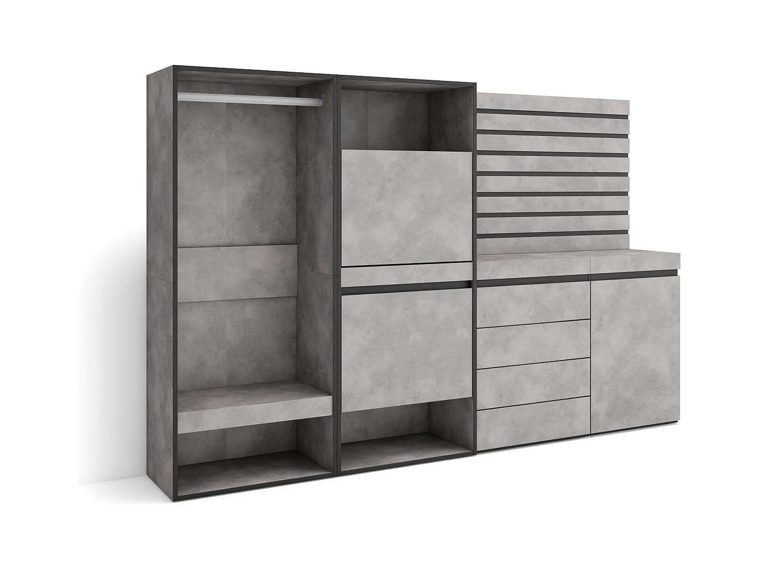 Meuble à Chaussures, 227x35x145 cm, Chambre à coucher, pièce, Vestiaire ouvert, Commode, Buffet, Panneaux Muraux en Bois, Ciment