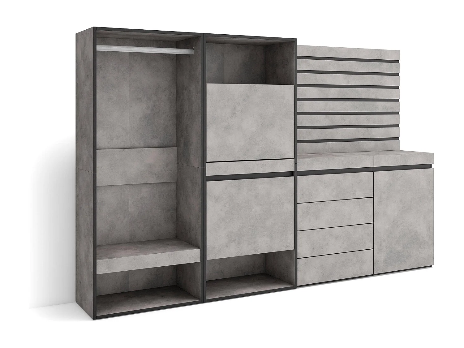 Meuble à Chaussures, 227x35x145cm, Chambre à coucher, pièce, Vestiaire ouvert, Commode, Buffet, Panneaux Muraux en Bois, Ciment