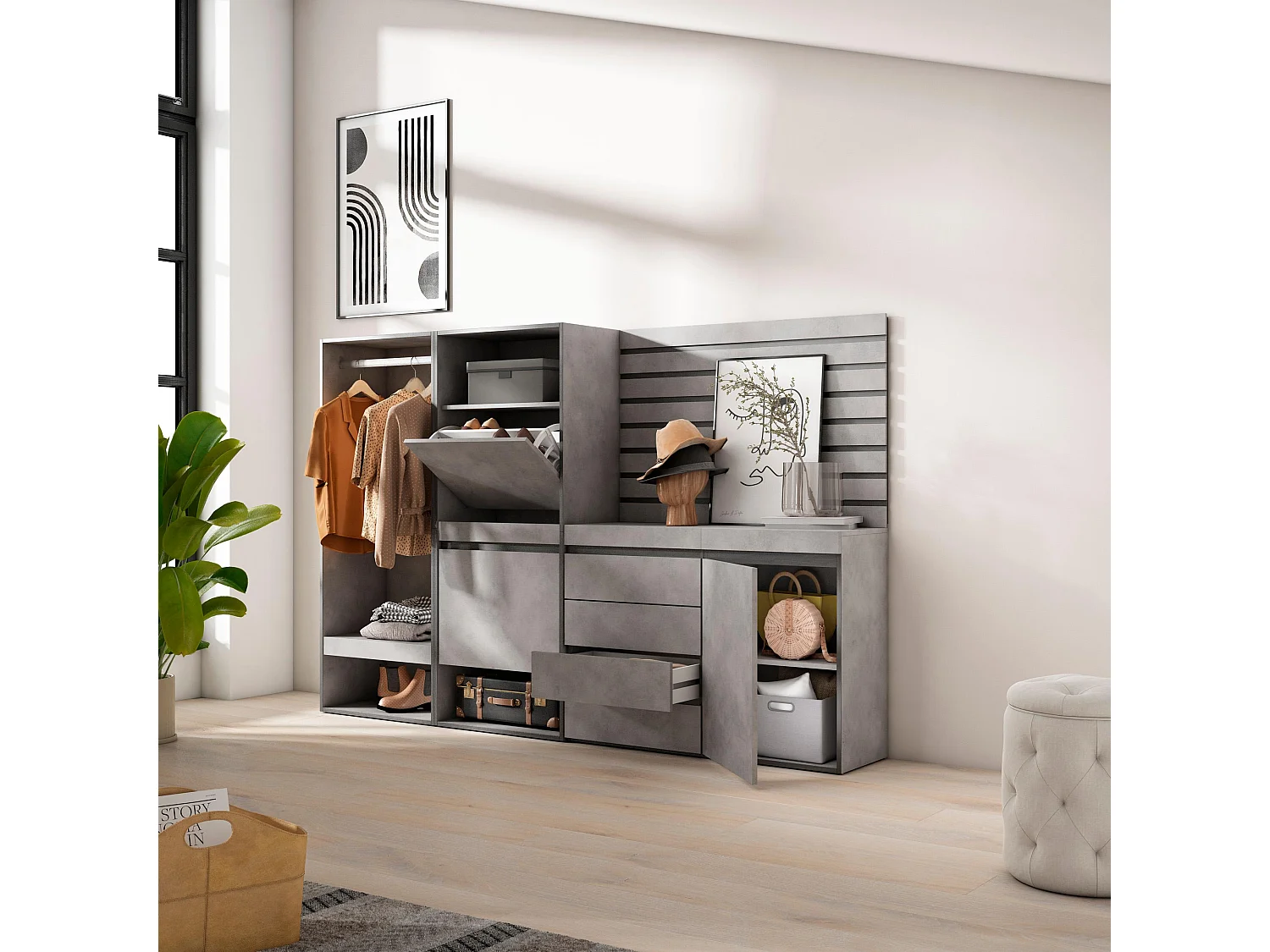 Meuble à Chaussures, 227x35x145cm, Chambre à coucher, pièce, Vestiaire ouvert, Commode, Buffet, Panneaux Muraux en Bois, Ciment