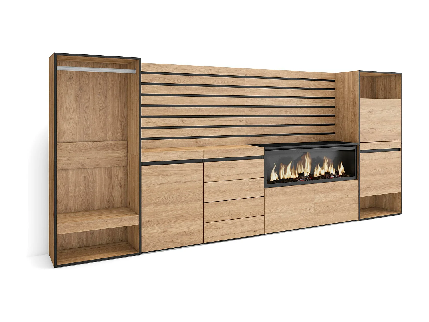 Dressoir, Opbergkast, 334x35x145cm, Voor slaapkamer, kamer, Elektrische haard XXL, Ladekast, Commode, Schoenenkast, Open Kledingkast, Eiken