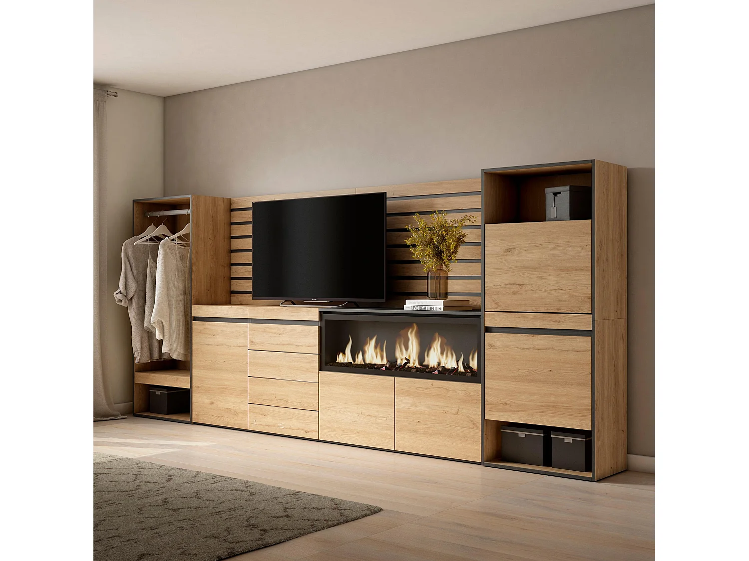 Dressoir, Opbergkast, 334x35x145cm, Voor slaapkamer, kamer, Elektrische haard XXL, Ladekast, Commode, Schoenenkast, Open Kledingkast, Eiken