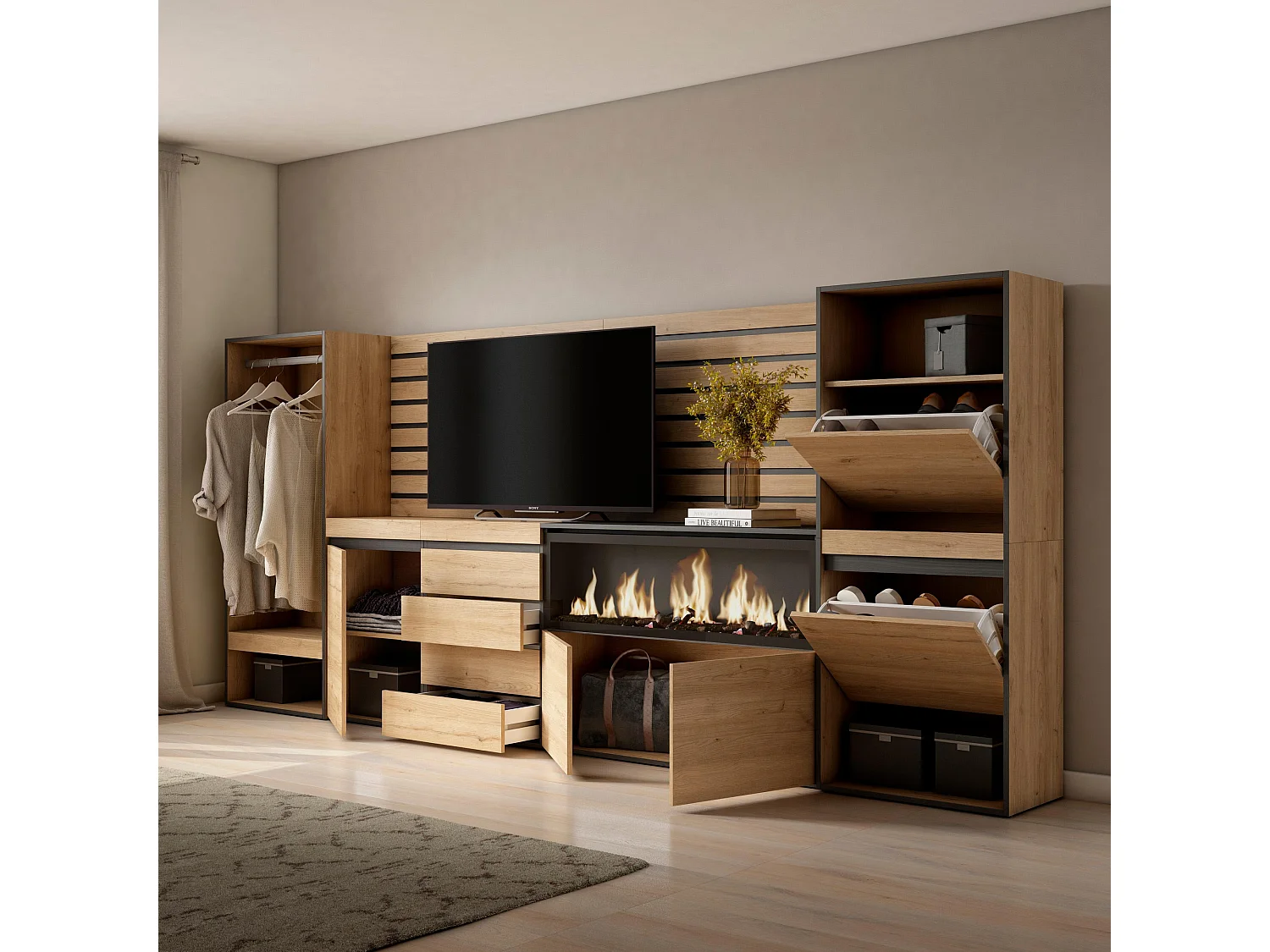 Dressoir, Opbergkast, 334x35x145cm, Voor slaapkamer, kamer, Elektrische haard XXL, Ladekast, Commode, Schoenenkast, Open Kledingkast, Eiken