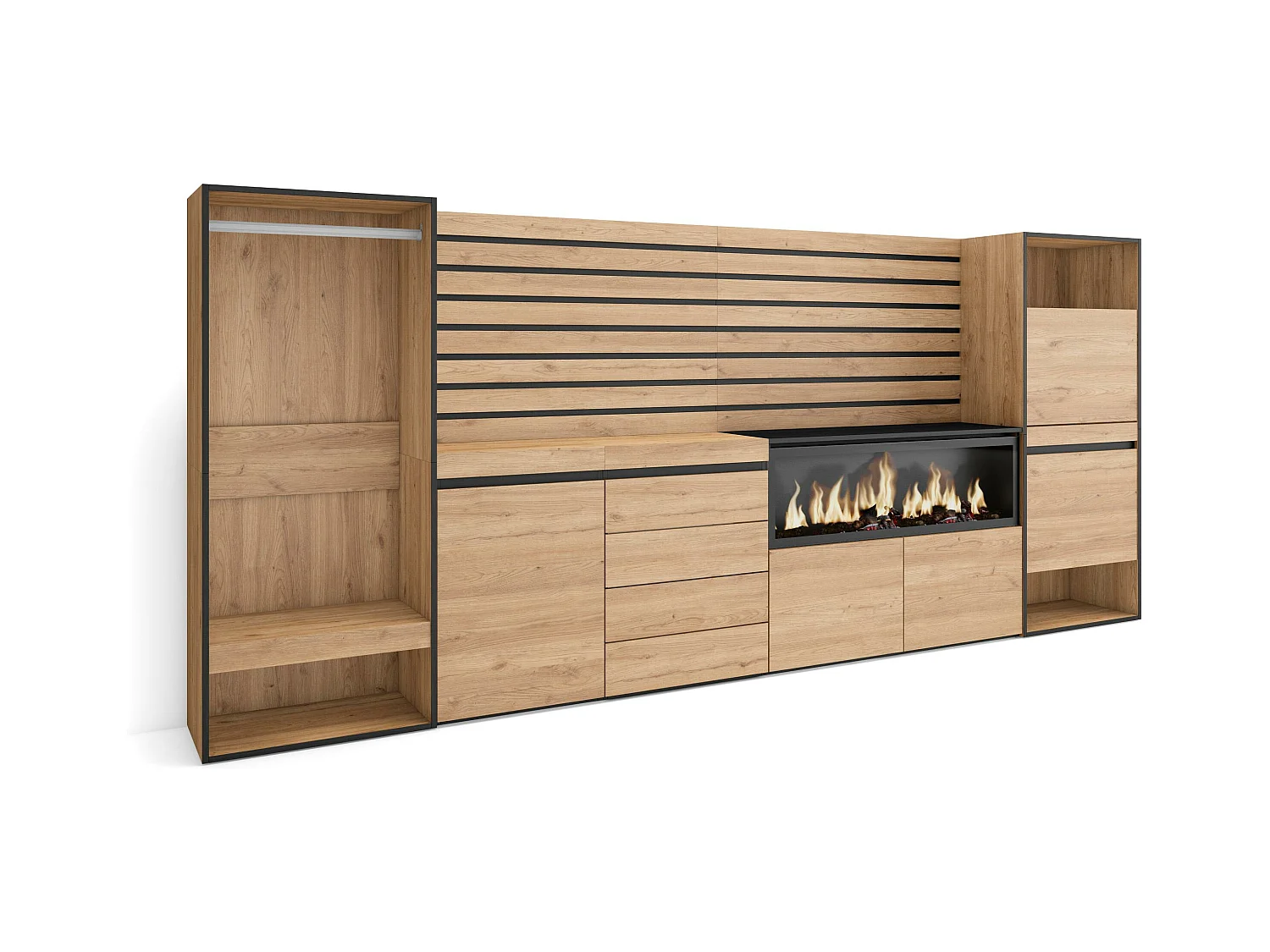 Buffet, Bahut, 334x35x145 cm, Chambre à coucher, pièce, Cheminée électrique XXL, Commode, Buffet, Meuble à Chaussures, Vestiaire ouvert, Chêne