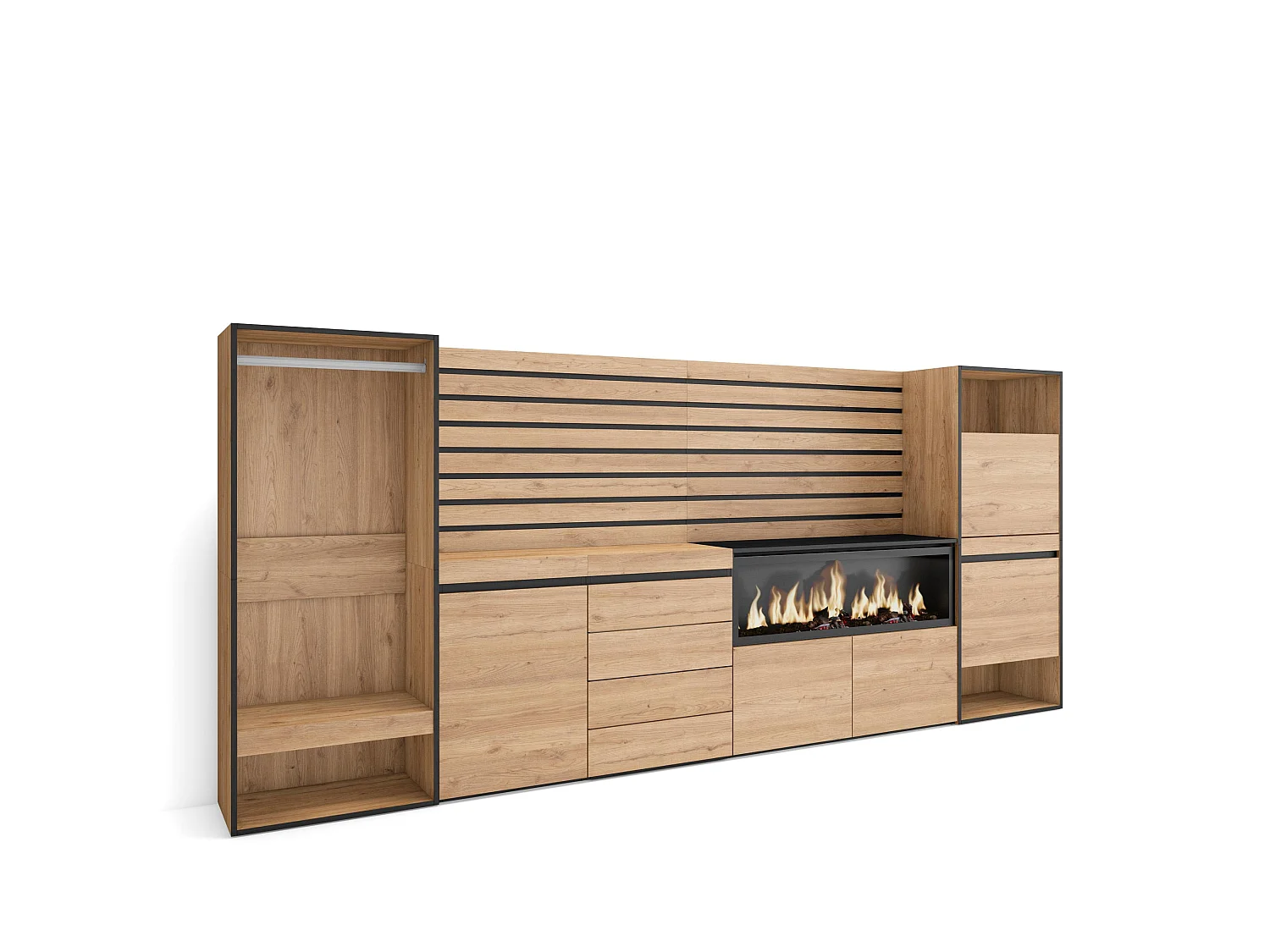 Sideboard, Kommode, 334x35x145cm, Für Schlafzimmer, Elektrokamin XXL, Kommode mit Schubladen, Schuhschrank, Offener Kleiderschrank, Eiche