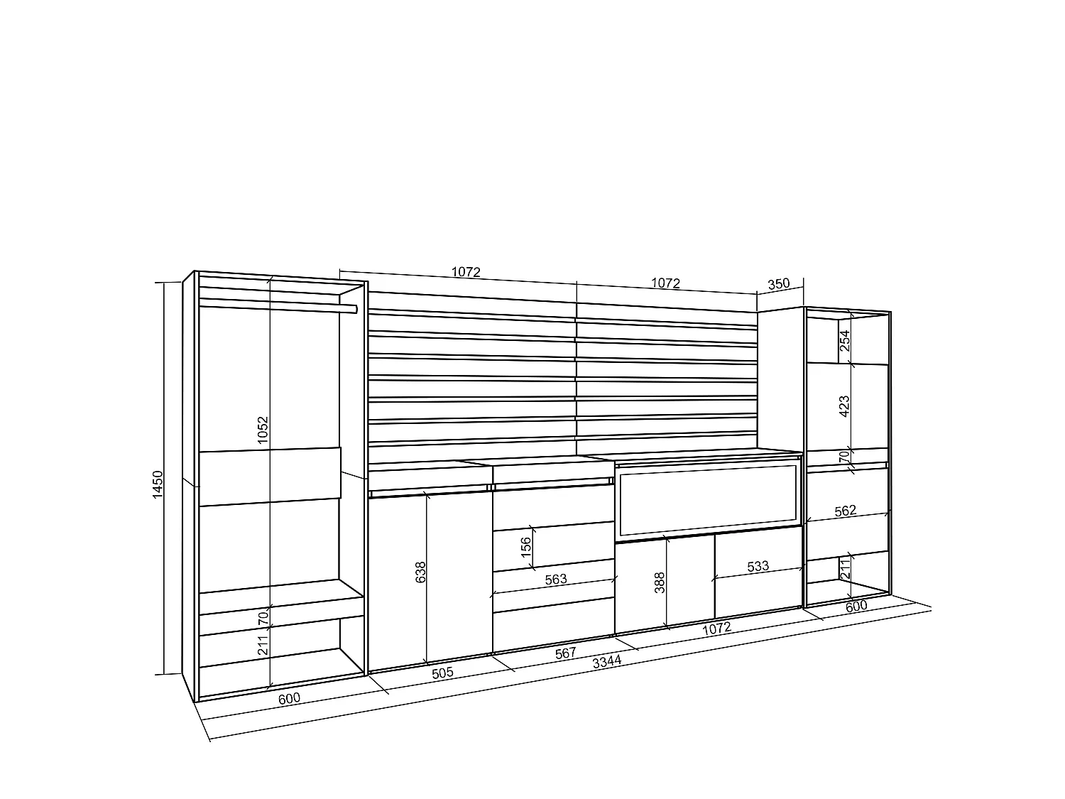 Sideboard, Kommode, 334x35x145cm, Für Schlafzimmer, Elektrokamin XXL, Kommode mit Schubladen, Schuhschrank, Offener Kleiderschrank, Eiche